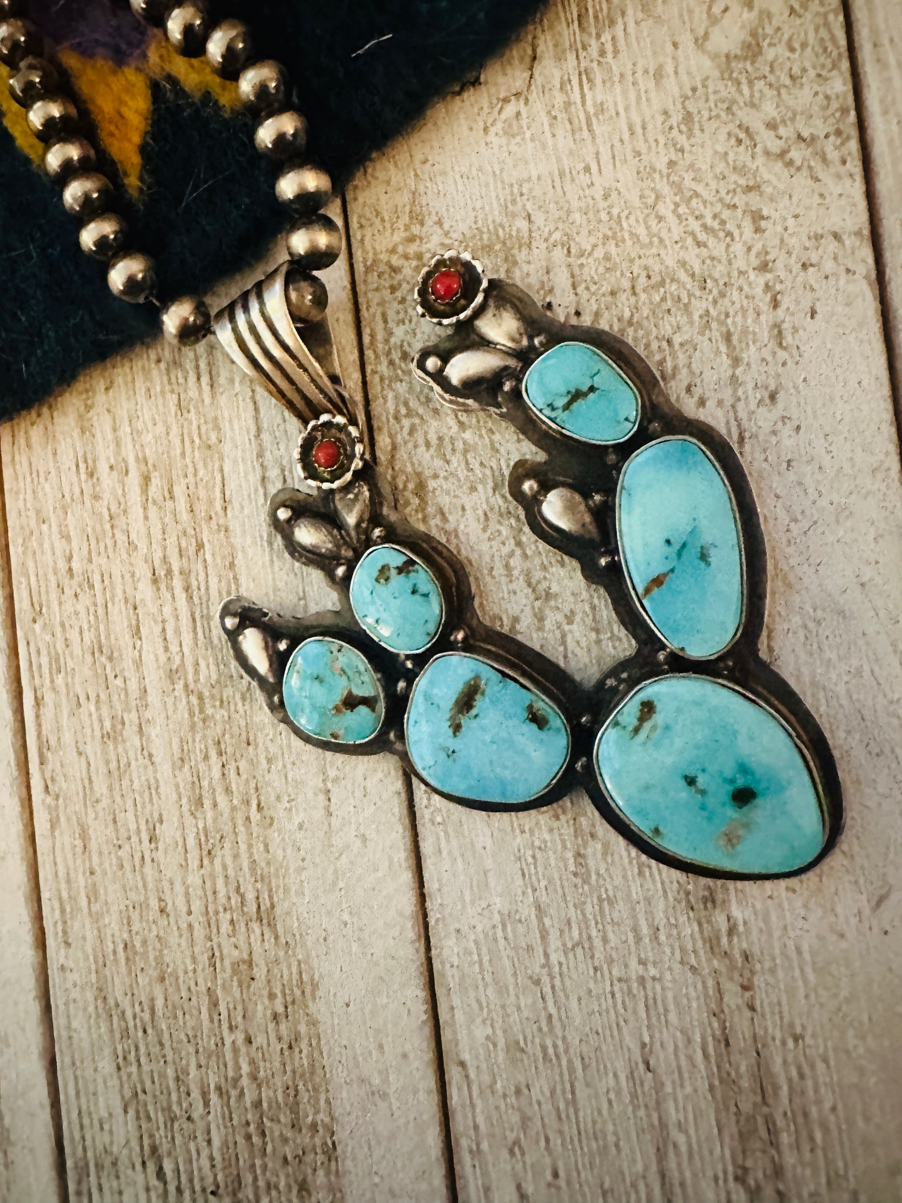 Navajo Turquoise, Coral and Sterling Silver Cactus Pendant