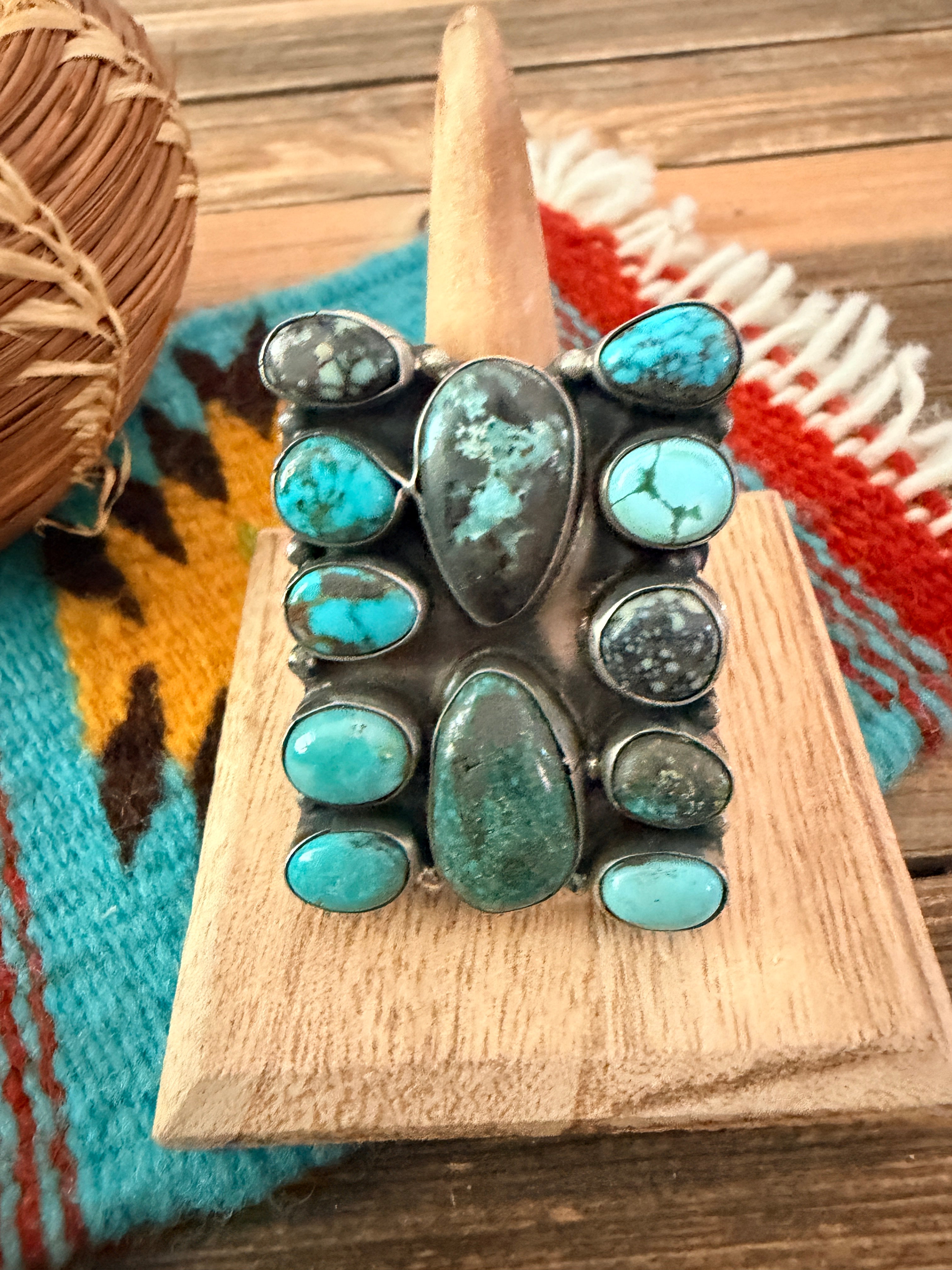 Handcrafted Multi Turquoise & Sterling Silver Cluster Ring Size 8