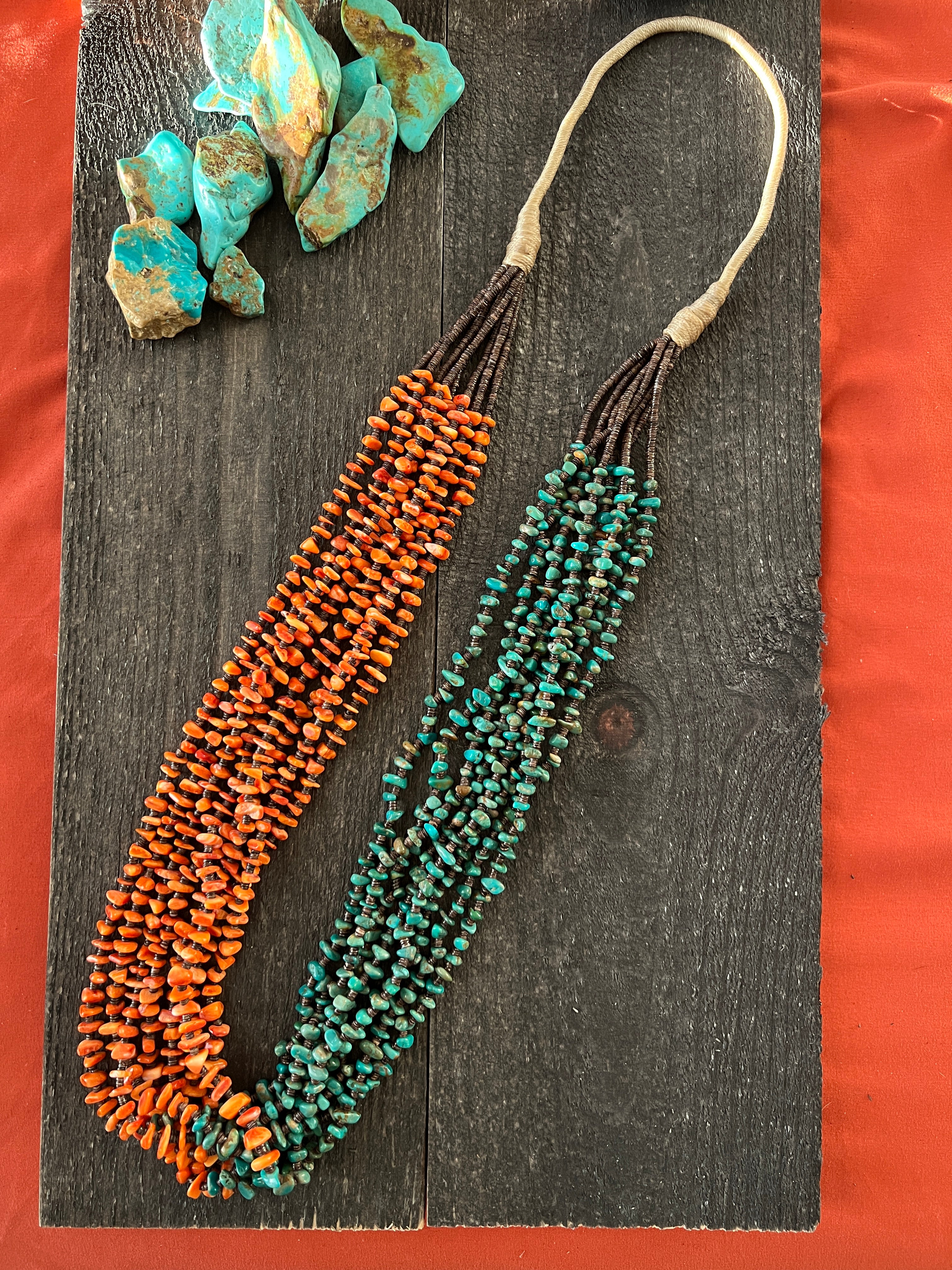 Handcrafted Eight Strand Spiny Oyster and Turquoise Beaded Squaw Wrap
