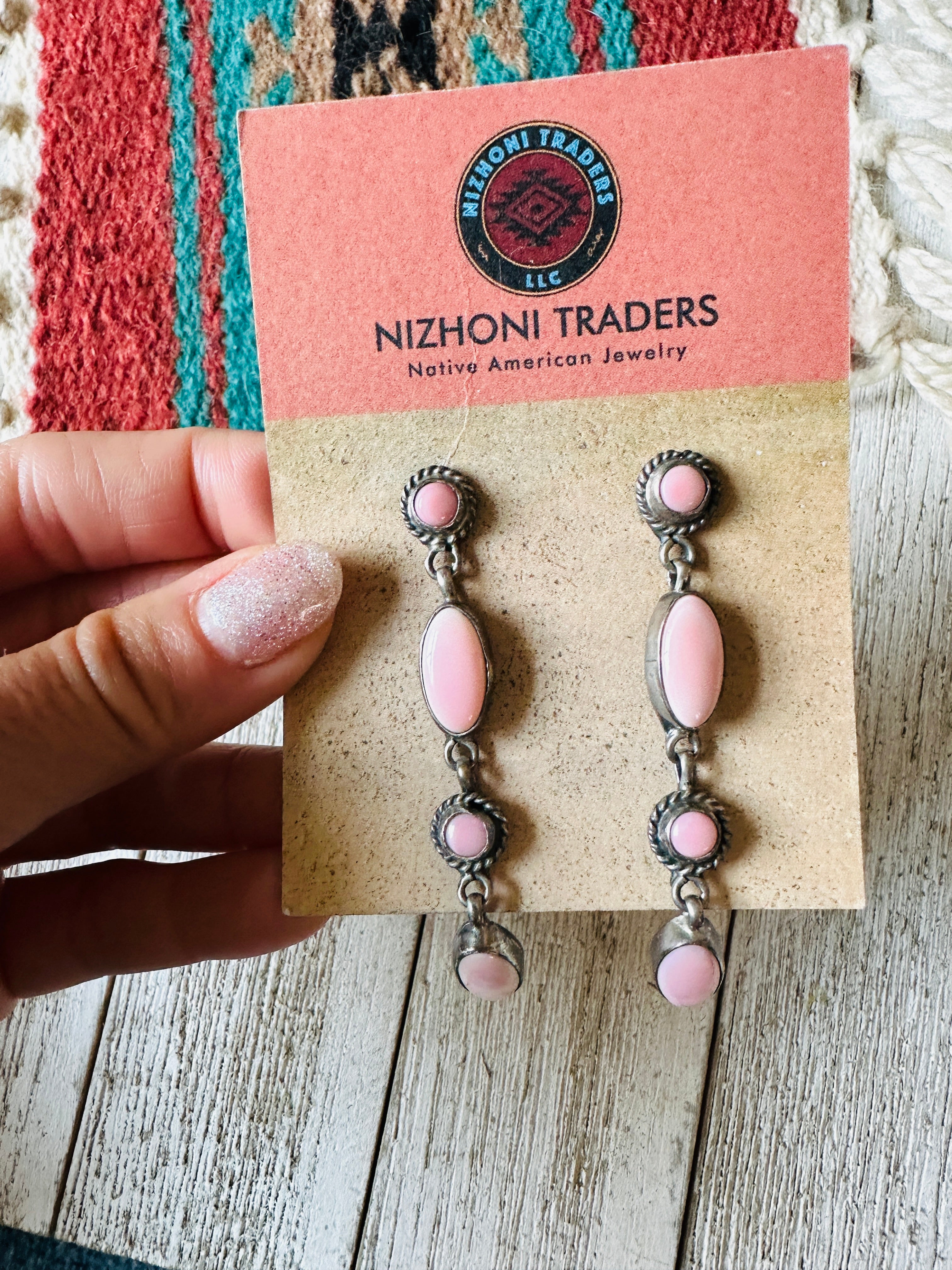 Navajo Queen Pink Conch & Sterling Silver 4-Stone Dangle Earrings