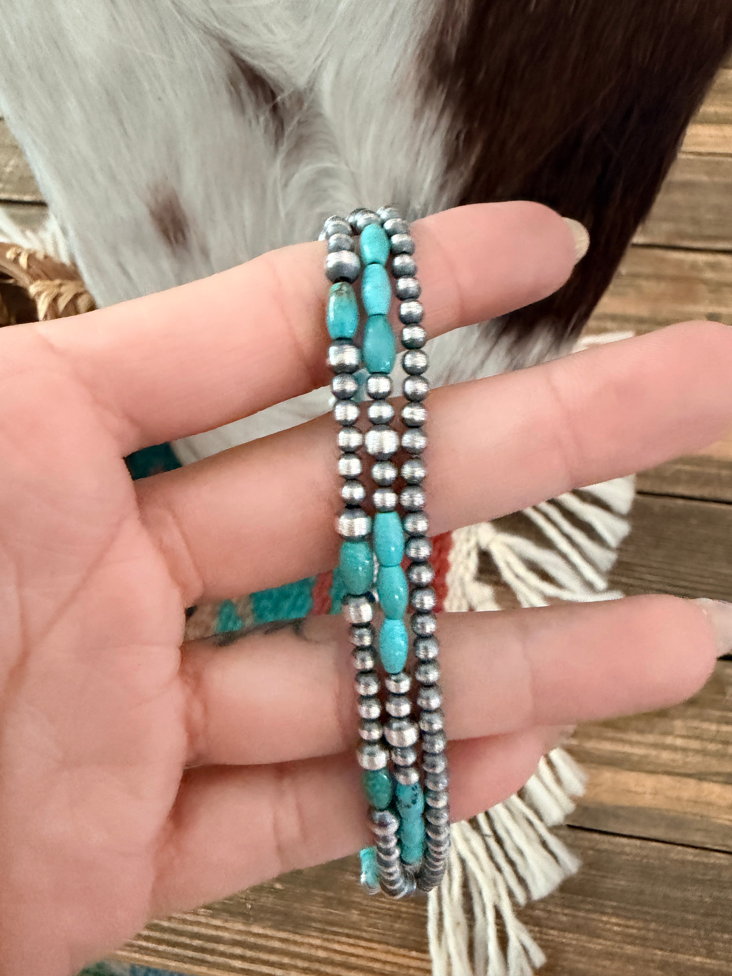 Handcrafted Turquoise & Sterling Silver Pearl Triple-Strand Beaded Necklace