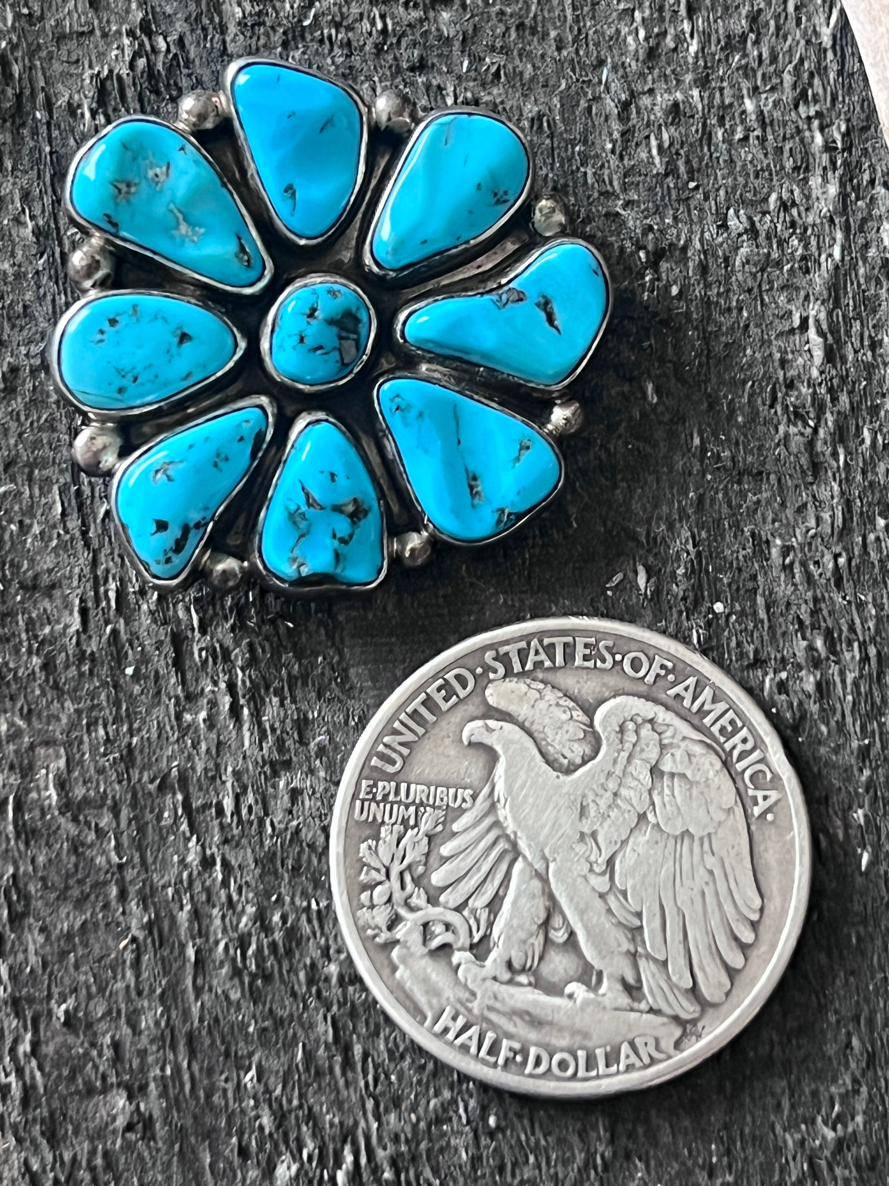 Estate Collection Sterling Silver and Sleeping Beauty Turquoise Cluster Brooch/Pendant Signed Garcia