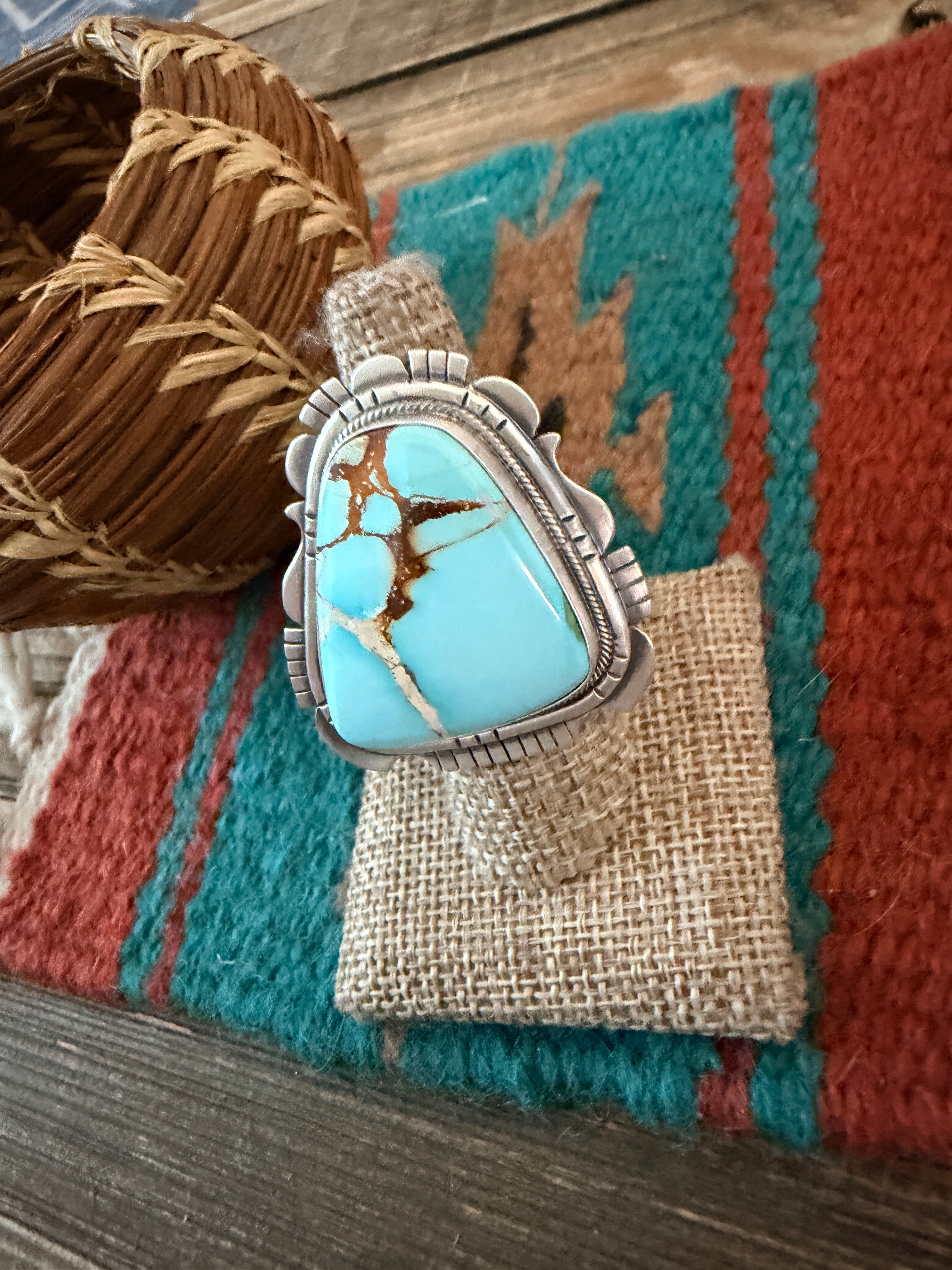Handcrafted Golden Hills Turquoise & Sterling Silver Ring Size 8 by Daniel Benally