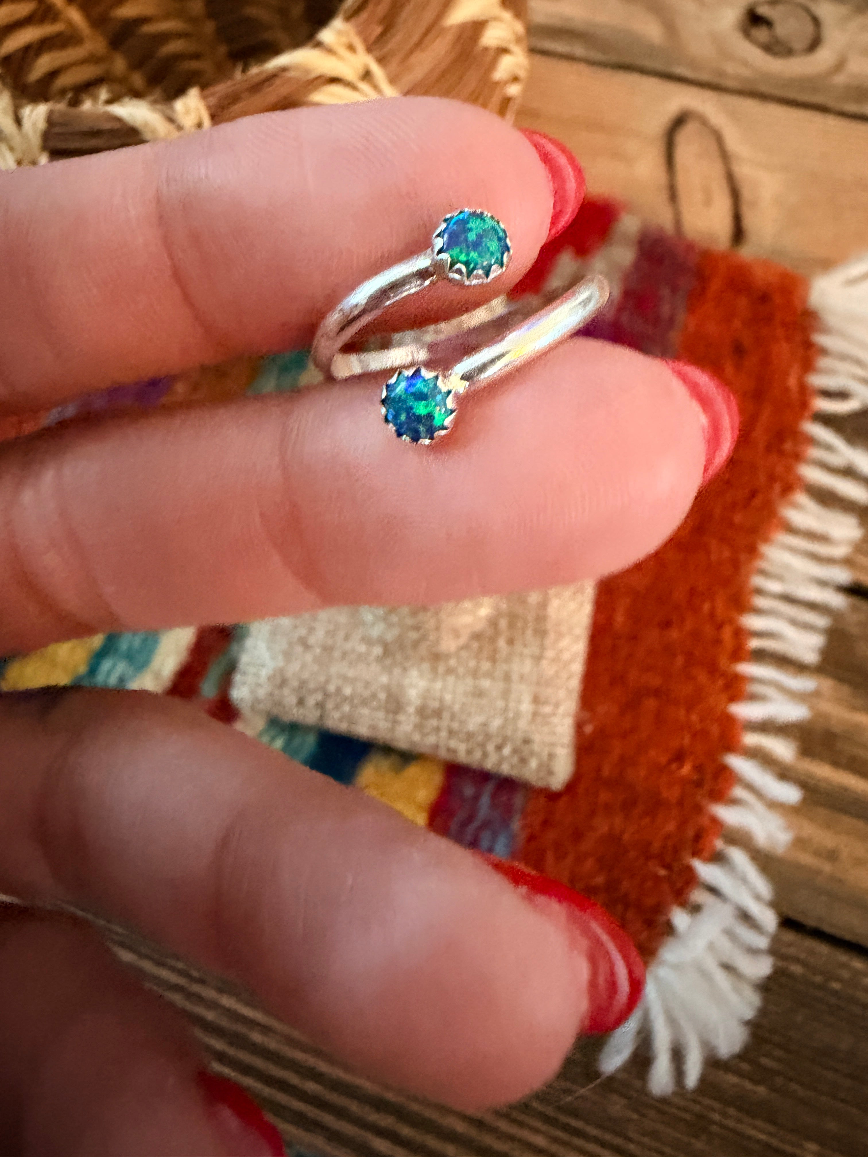 Handcrafted Blue Green Opal & Sterling Silver Adjustable Ring