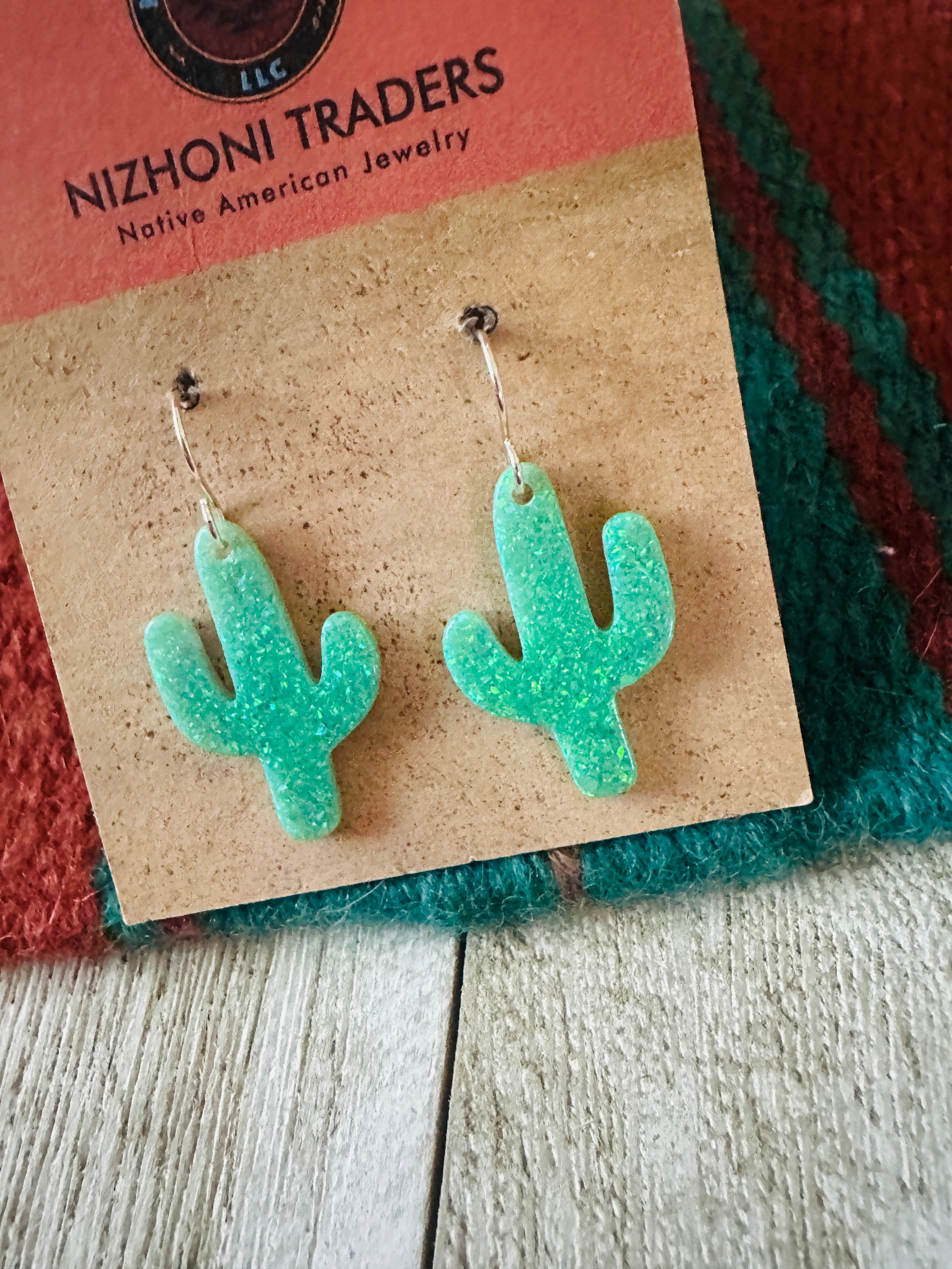 Handcrafted Sterling Silver & Opal Cactus Dangle Earrings