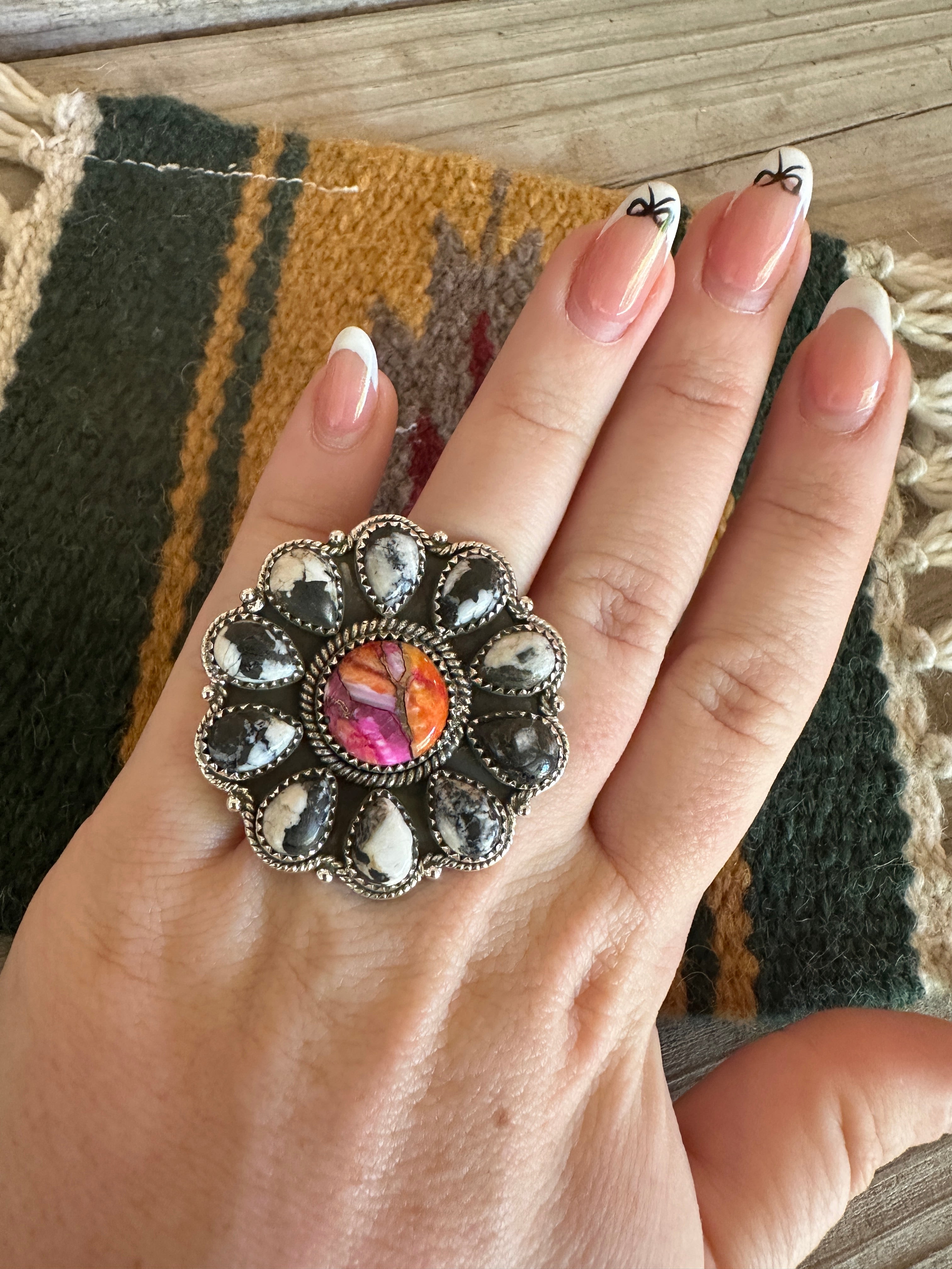 Beautiful Handmade Pink Dream Mojave, White Buffalo And Sterling Silver Adjustable Ring