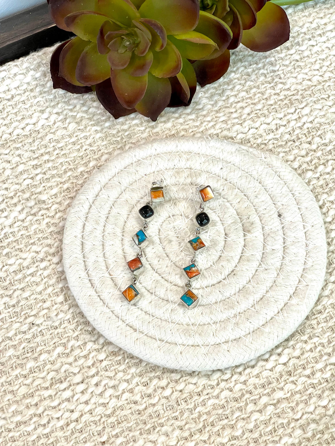 Handmade Onyx, Spice and Sterling Silver Post Dangle Earrings Signed Nizhoni