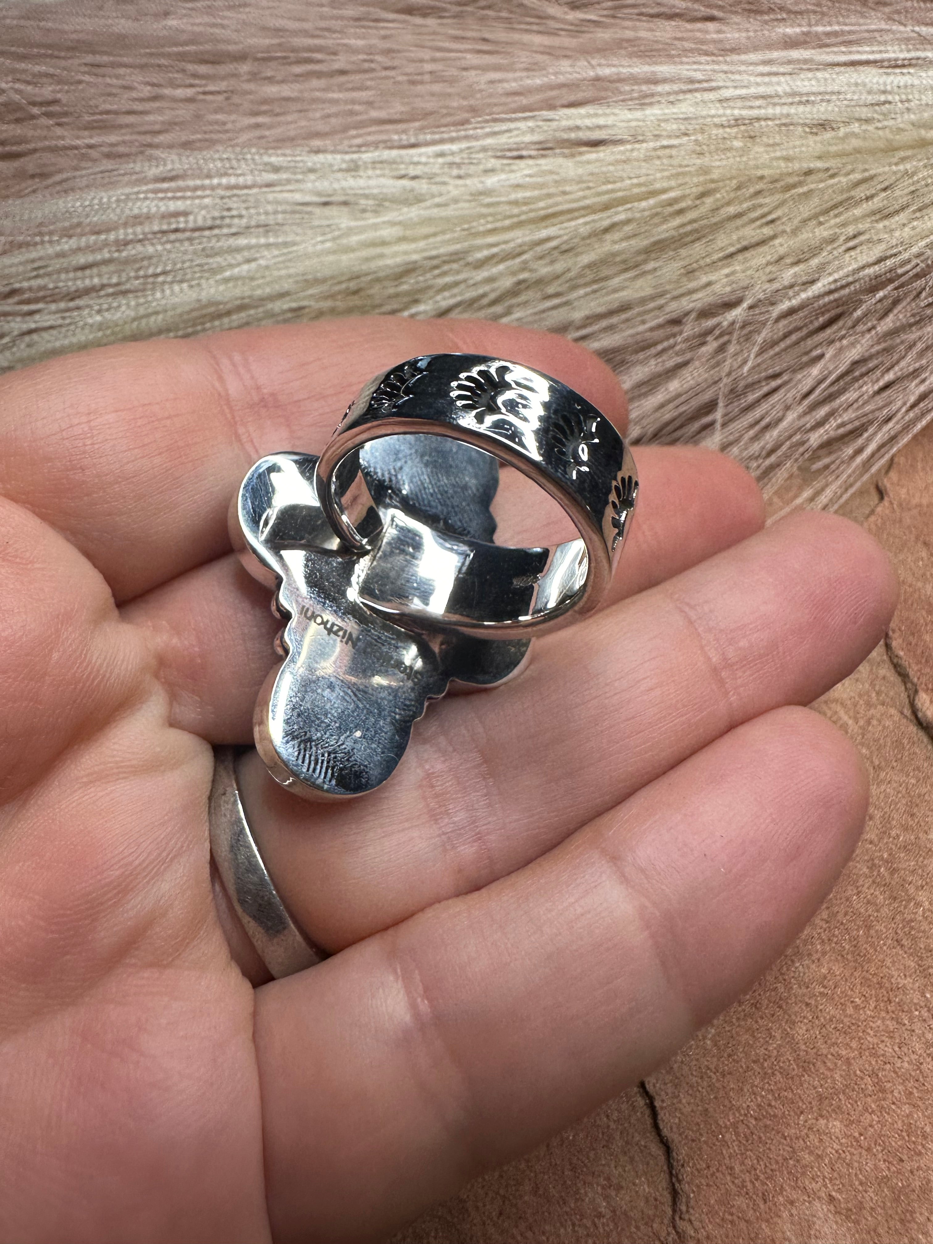 Beautiful Handmade Mother of Pearl, Onyx And Sterling Silver Adjustable Heart Ring