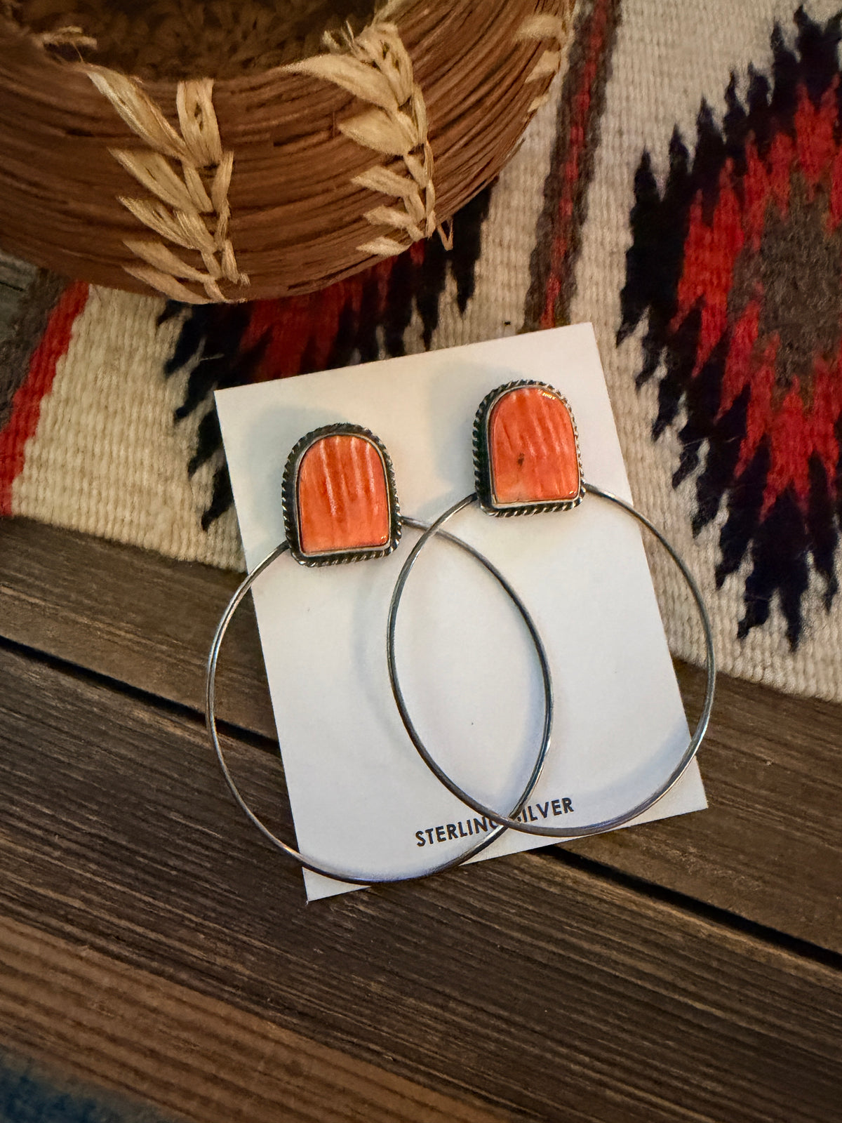 Handcrafted Orange Spiny and Sterling Silver Dangle Hoop Earrings by Elouise Kee
