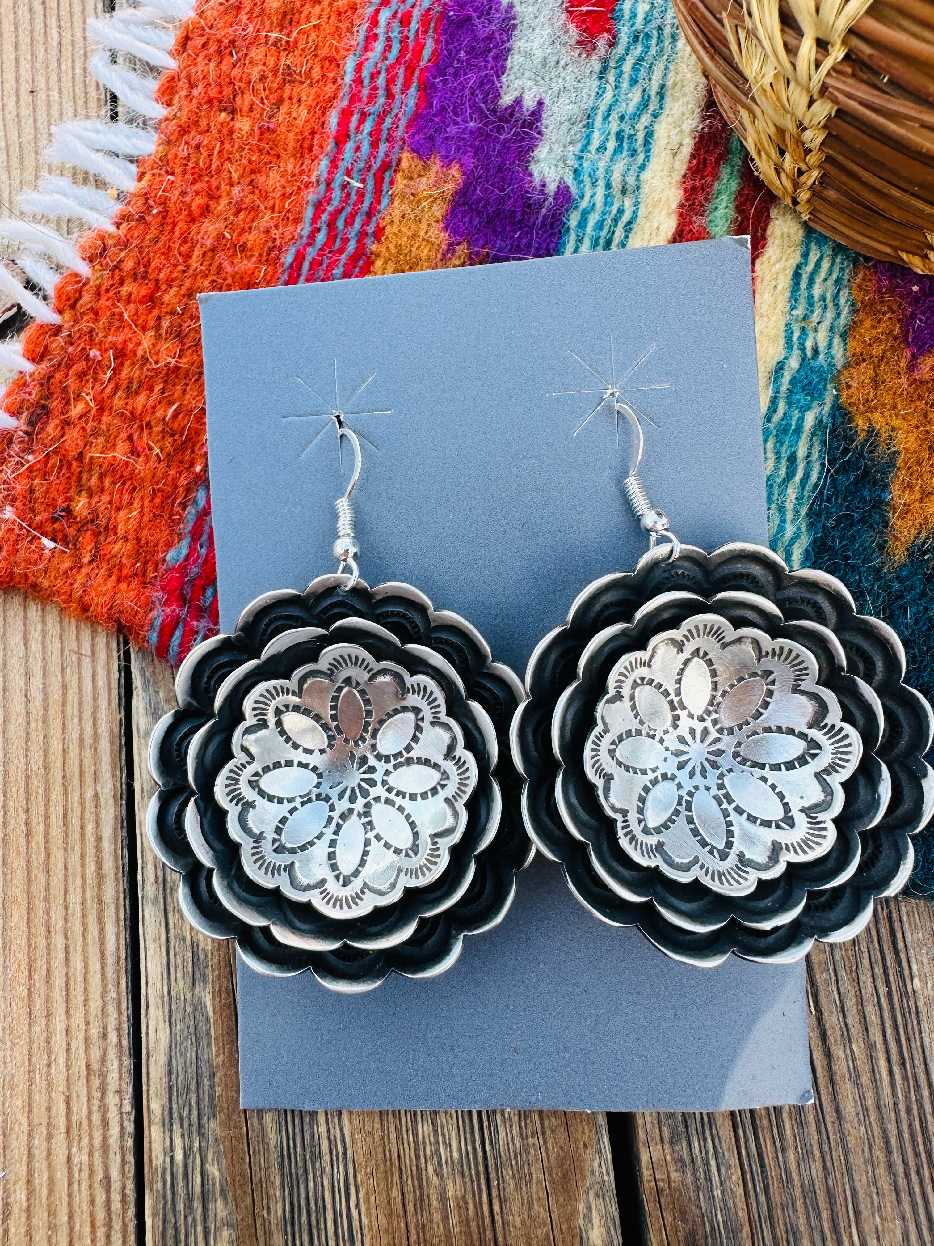 Handcrafted Sterling Silver Concho Dangle Earrings by Leander Tahe