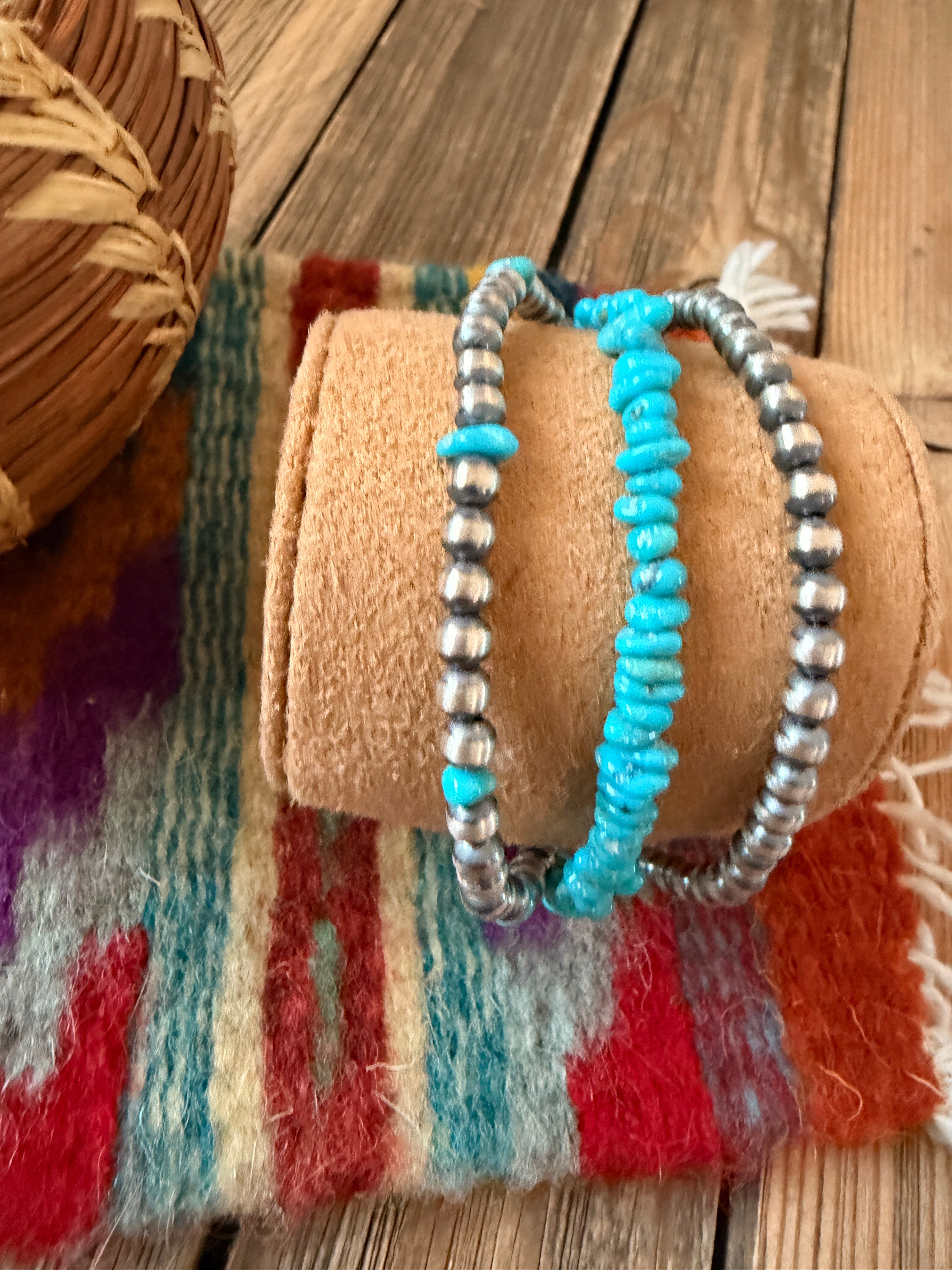 Handcrafted Turquoise & Sterling Silver Triple Strand Beaded Bracelet