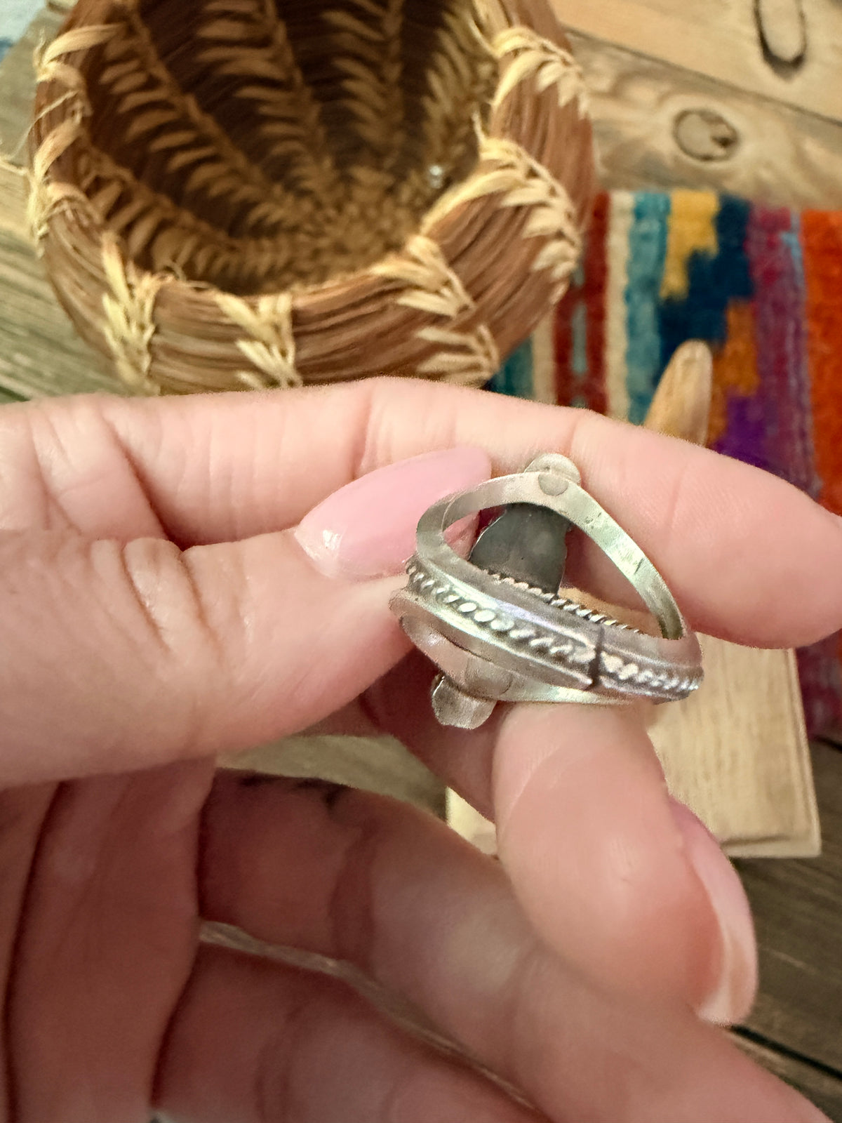 Old Pawn Handcrafted Turquoise, Coral & Sterling Silver Ring Size 6