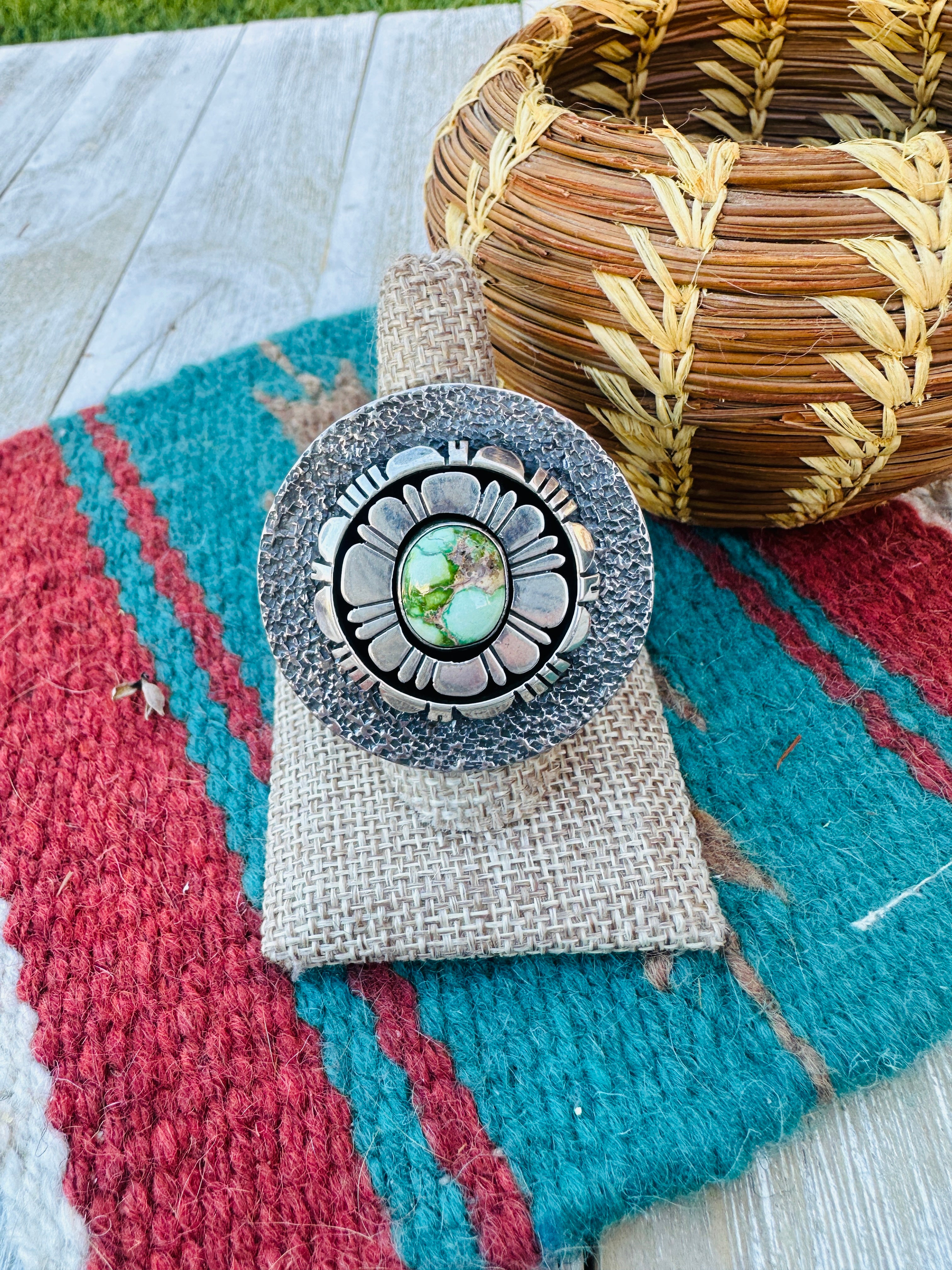 Hand Crafted Sonoran Mountain Turquoise & Sterling Silver Ring Size 9 by Daniel Benally