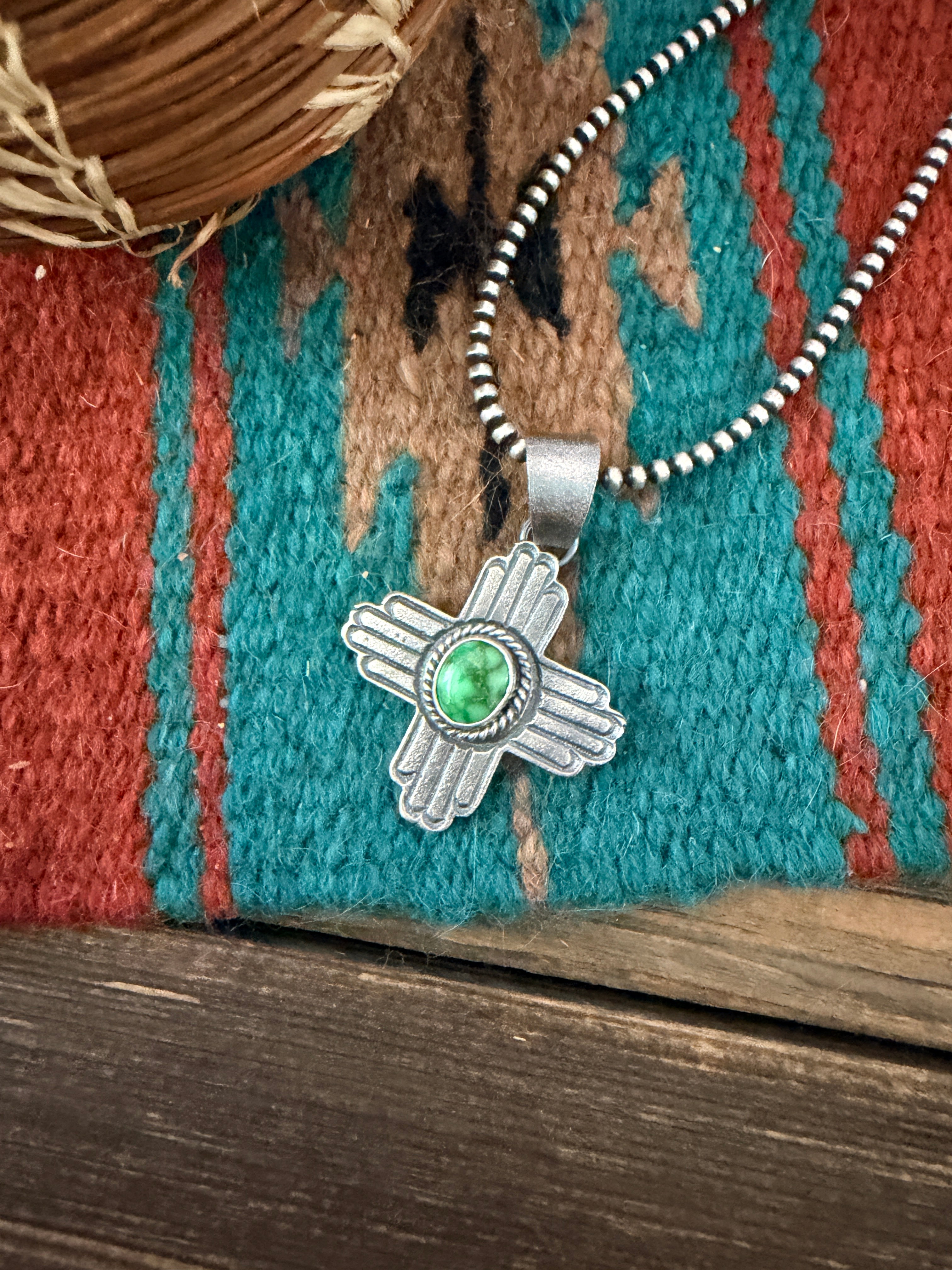 Handcrafted Sterling Silver & Sonoran Mountain Turquoise Zia Cross Pendant by Kevin Billah
