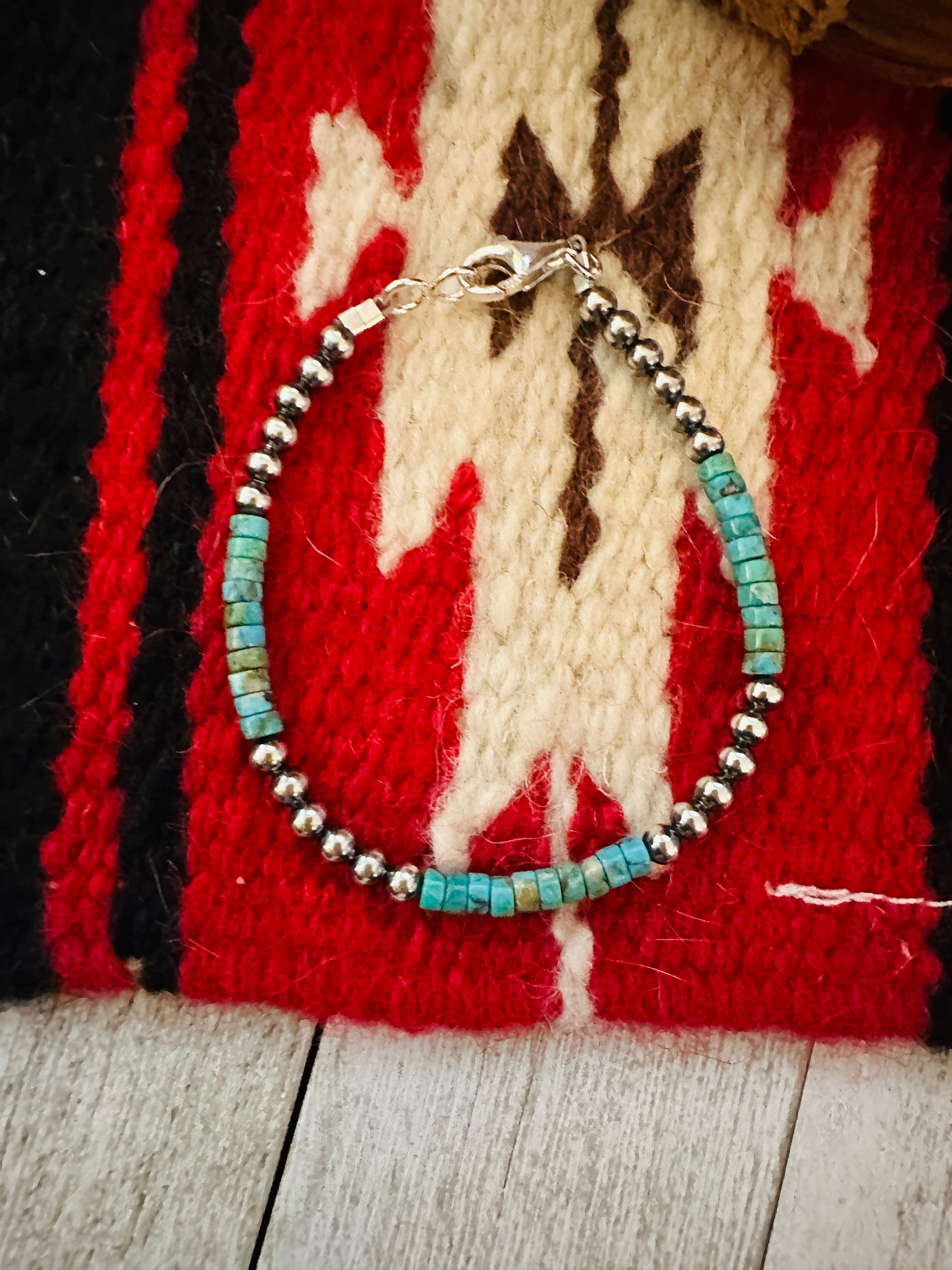 Navajo Turquoise & Sterling Silver Beaded Bracelet 7.5 inch