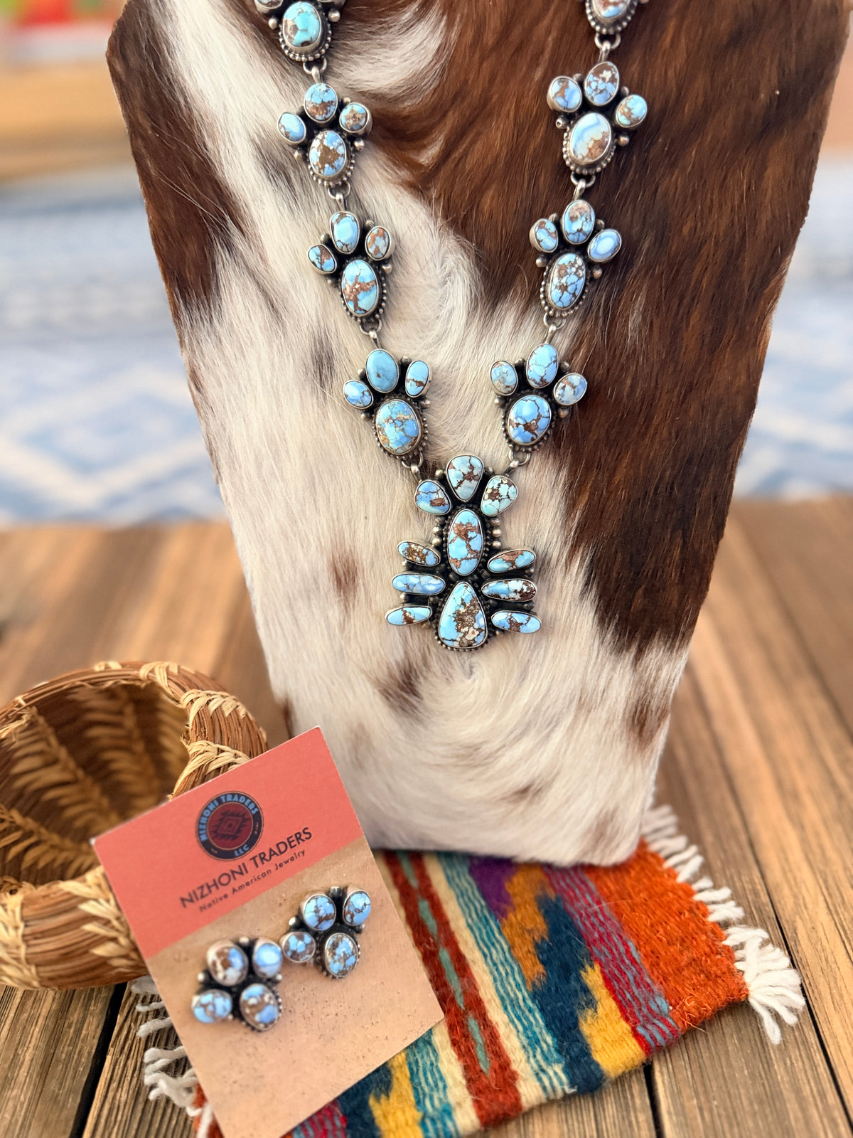 Handcrafted Golden Hills Turquoise & Sterling Silver Cluster Necklace and Earring Set by Travis Jim