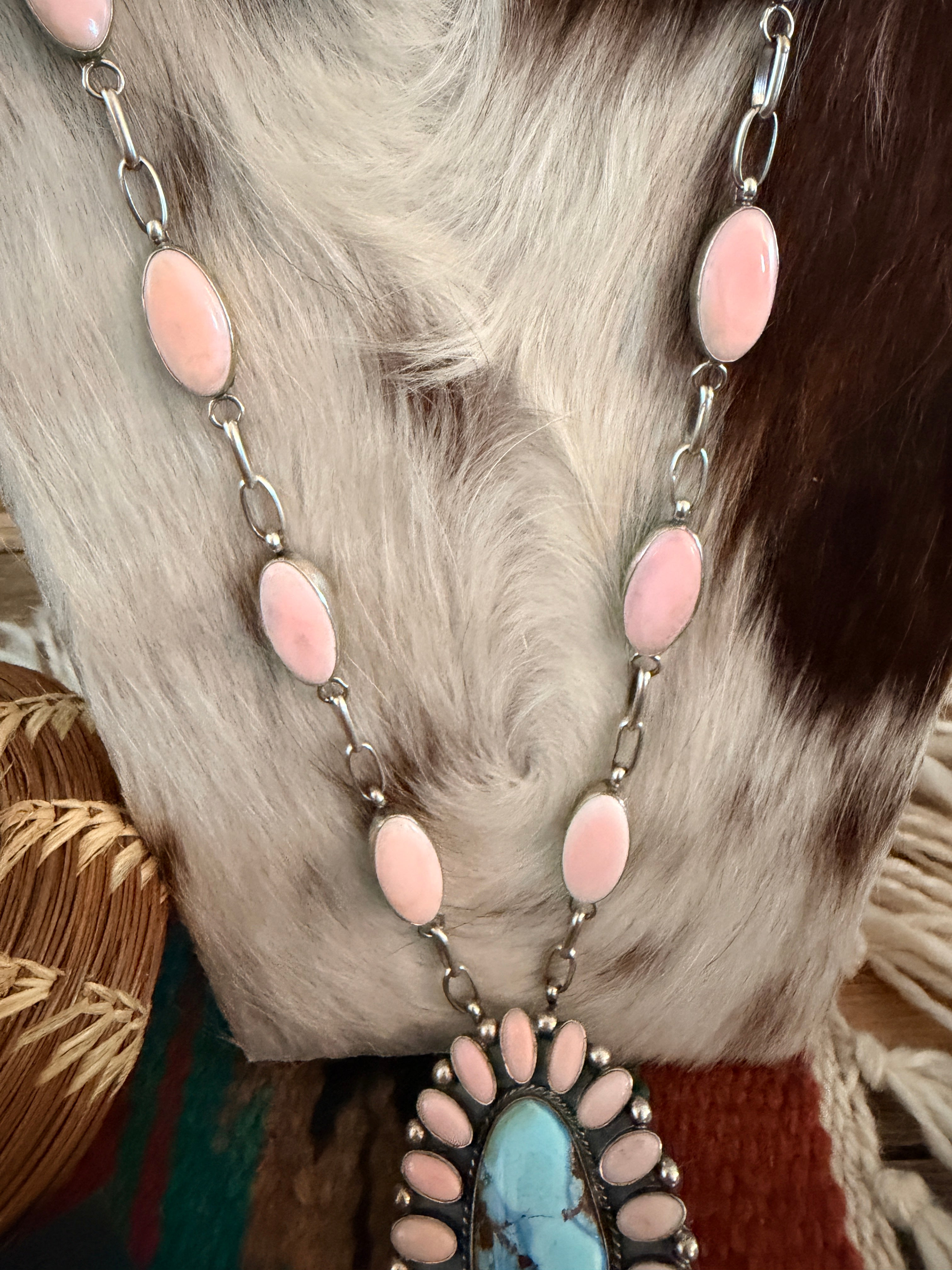 Handcrafted Queen Pink Conch, Turquoise & Sterling Silver Cluster Necklace Set