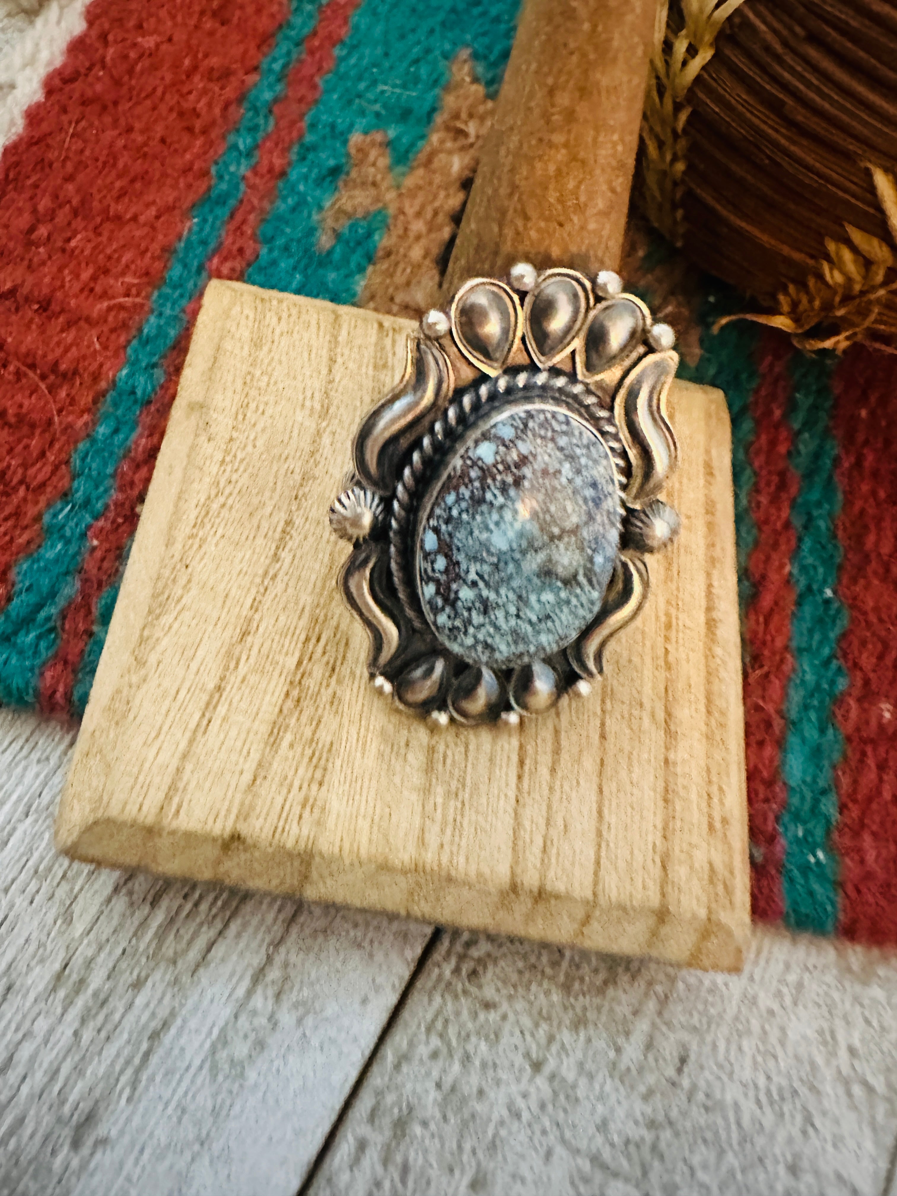 Navajo Kingman Web Turquoise & Sterling Silver Ring Size 10.5