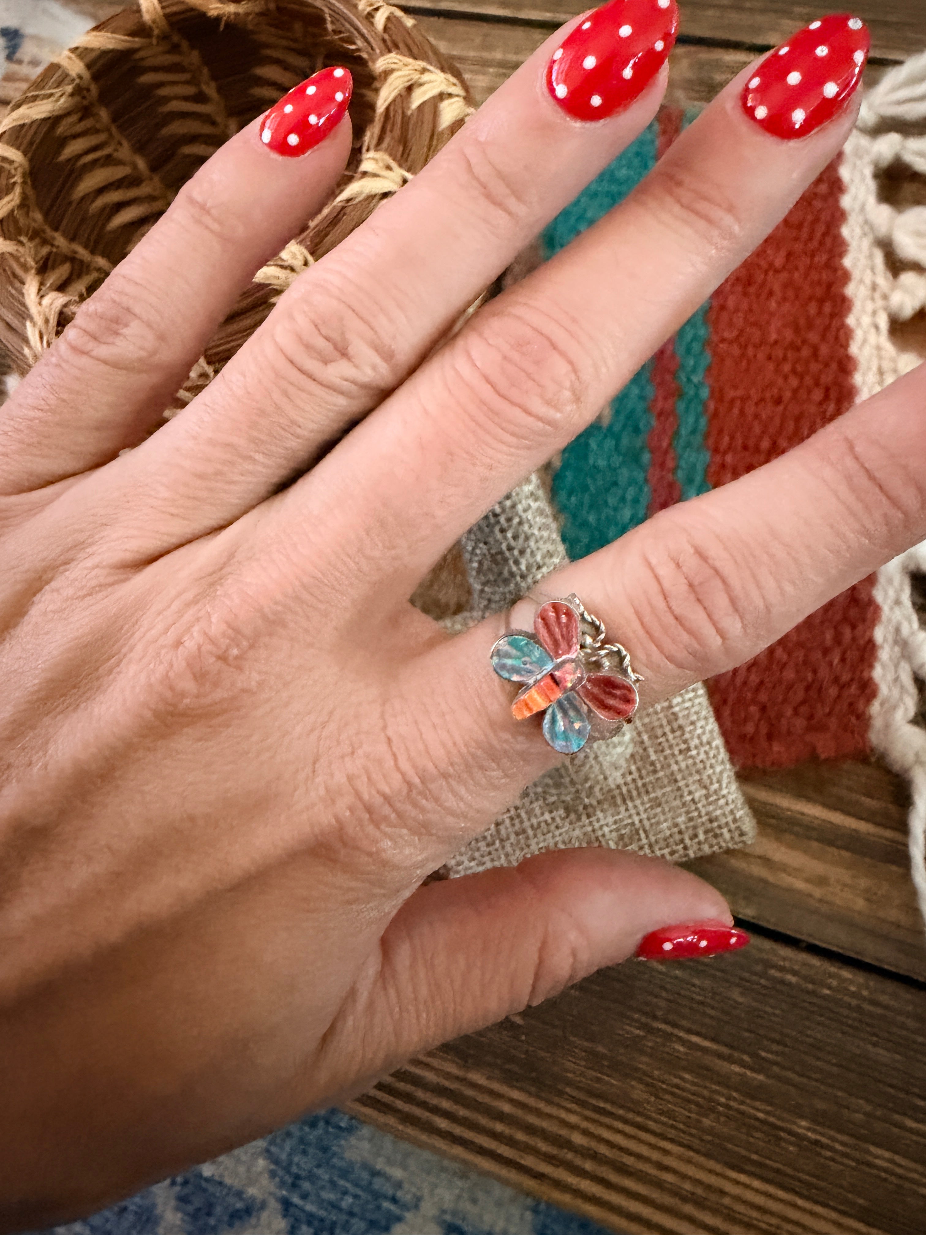 Old Pawn Handcrafted Spiny Oyster, Opal & Sterling Silver Butterfly Ring Size 5.75
