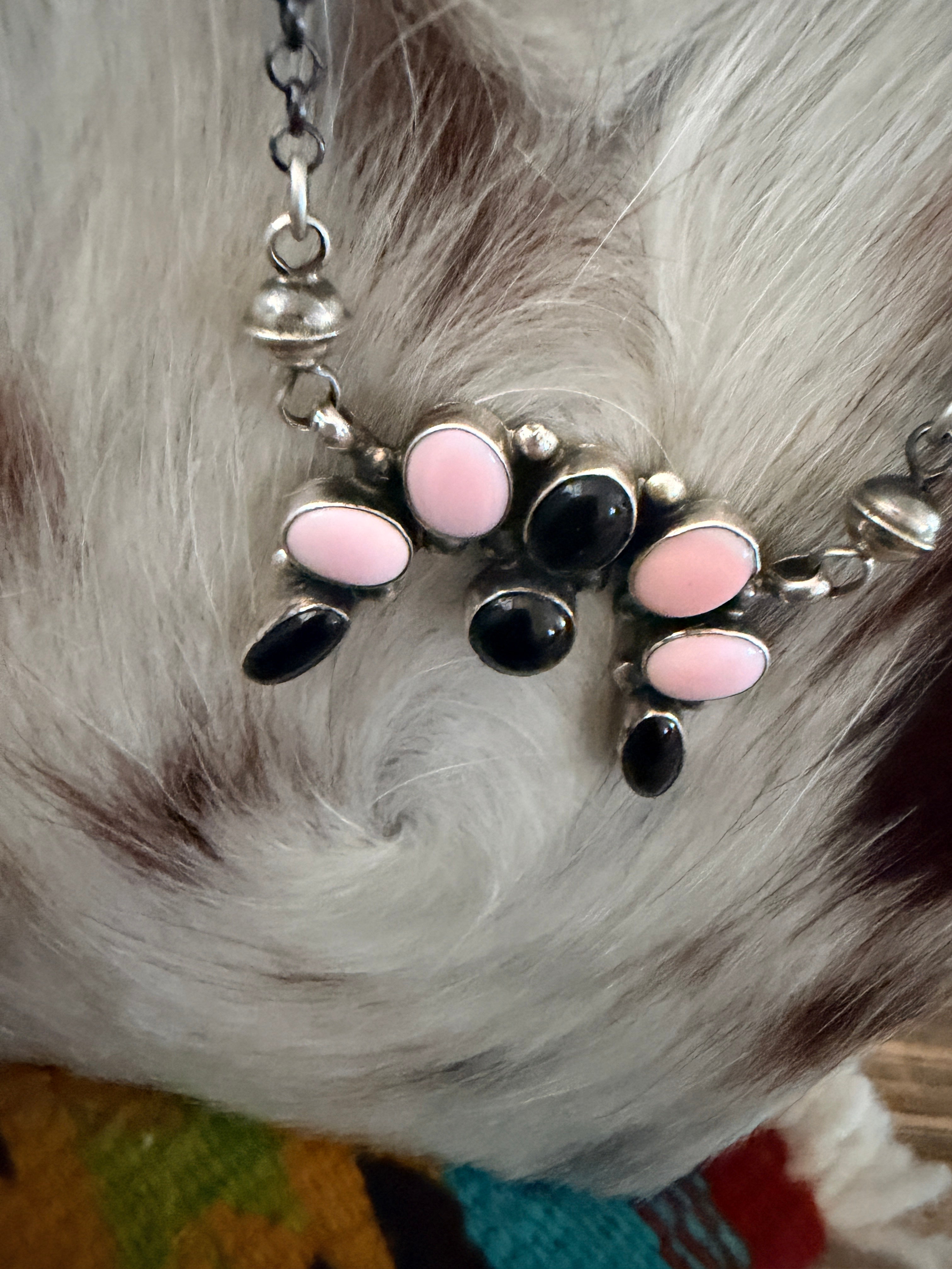 Handcrafted Queen Pink Conch, Onyx & Sterling Silver Naja Necklace by Jacqueline Silver