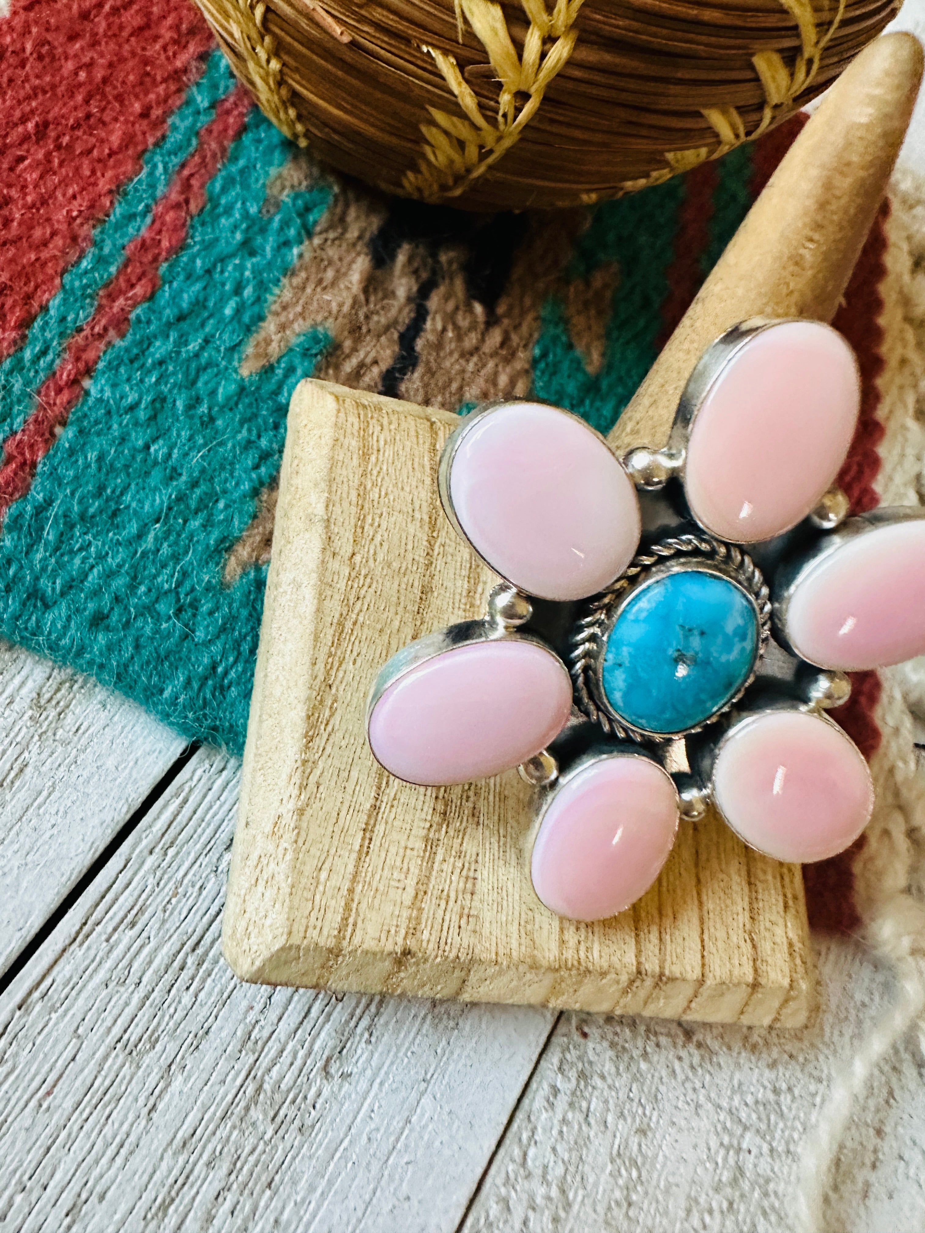 Navajo Sterling Silver, Queen Pink Conch & Turquoise Adjustable Flower Ring