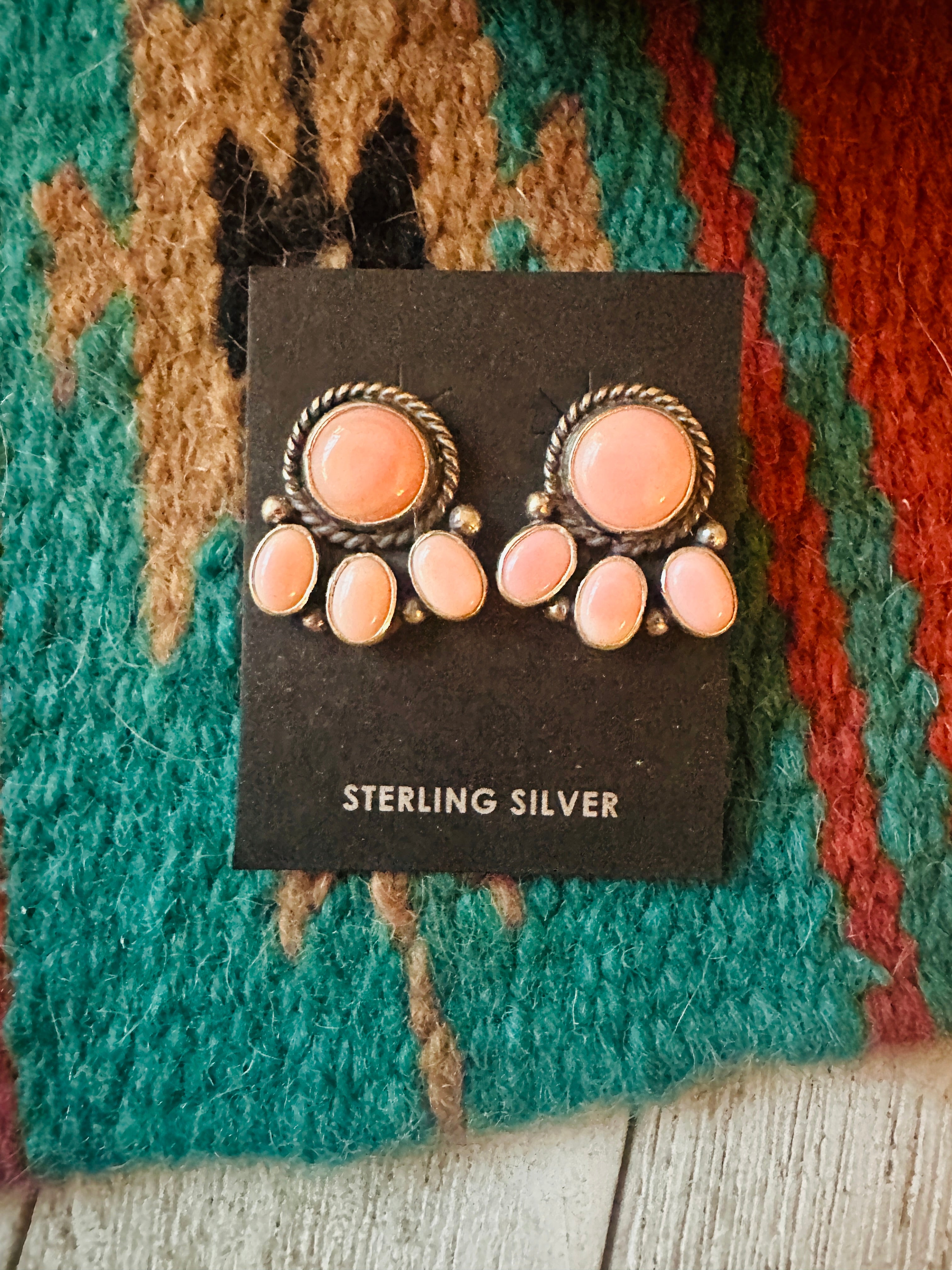 Navajo Sterling Silver & Queen Pink Conch Cluster Post Earrings