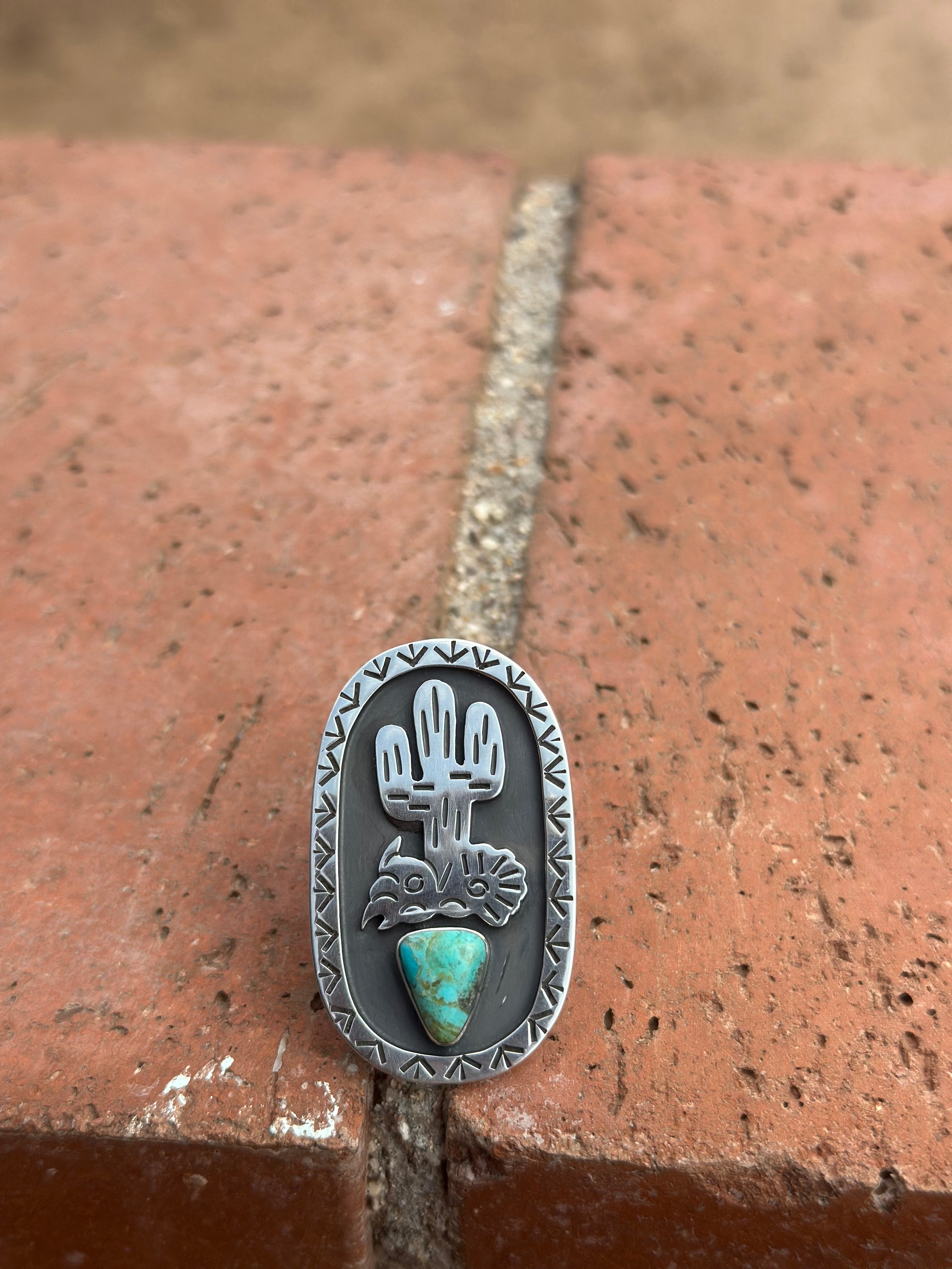 Handmade Kingman Turquoise And Sterling Silver Adjustable Cactus Ring