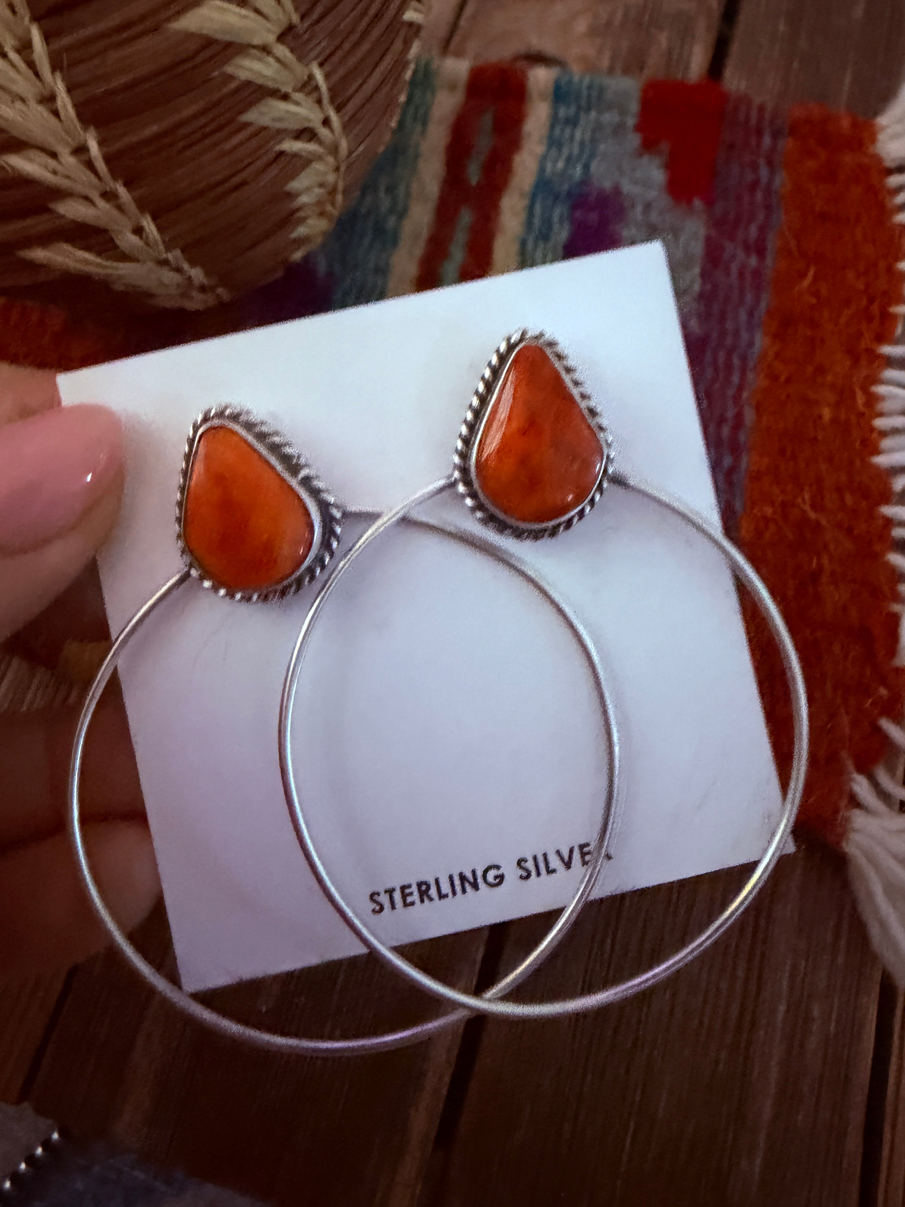 Handcrafted Orange Spiny and Sterling Silver Dangle Hoop Earrings by Elouise Kee
