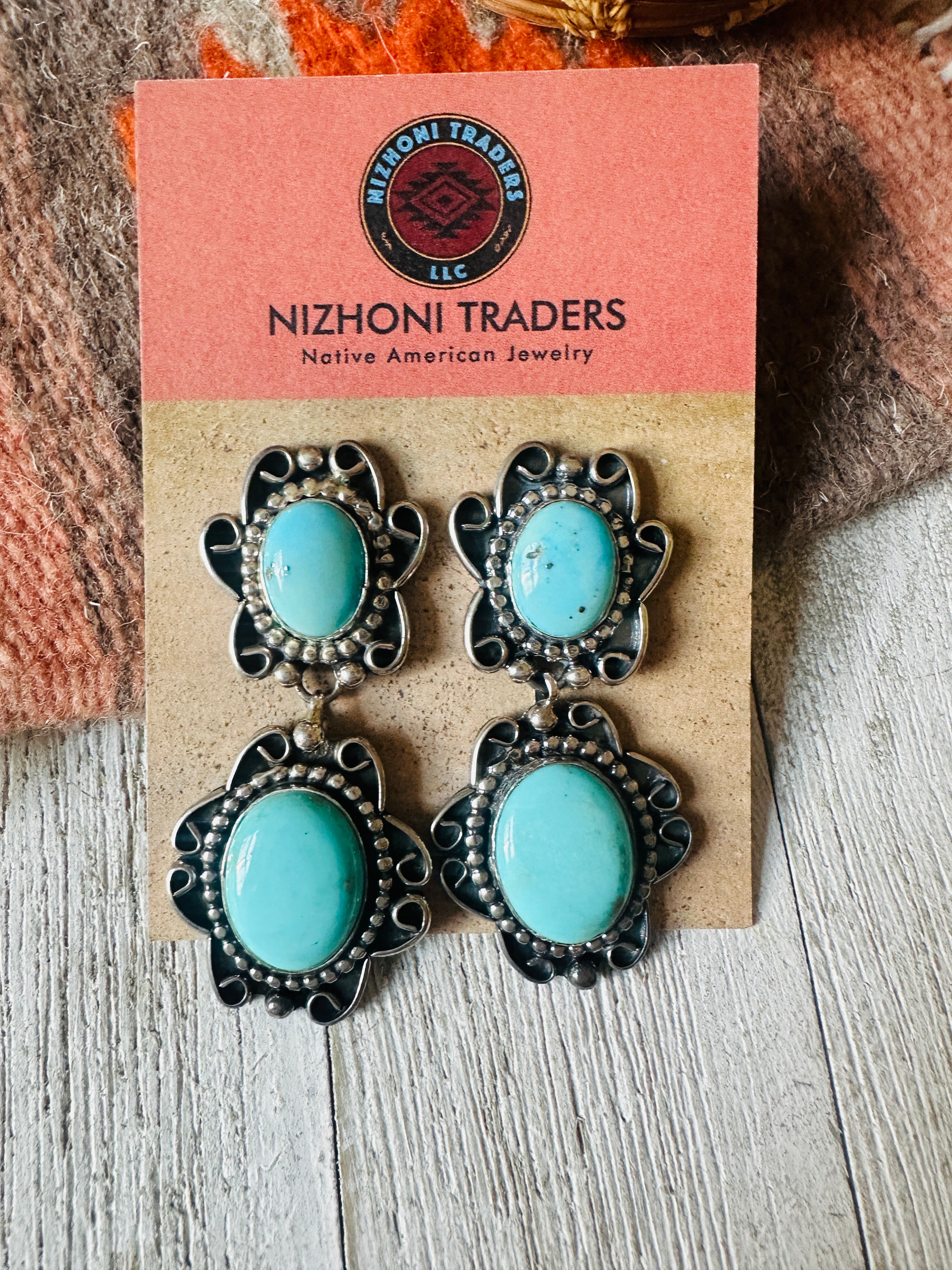 Navajo Kingman Turquoise And Sterling Silver Dangle Earrings