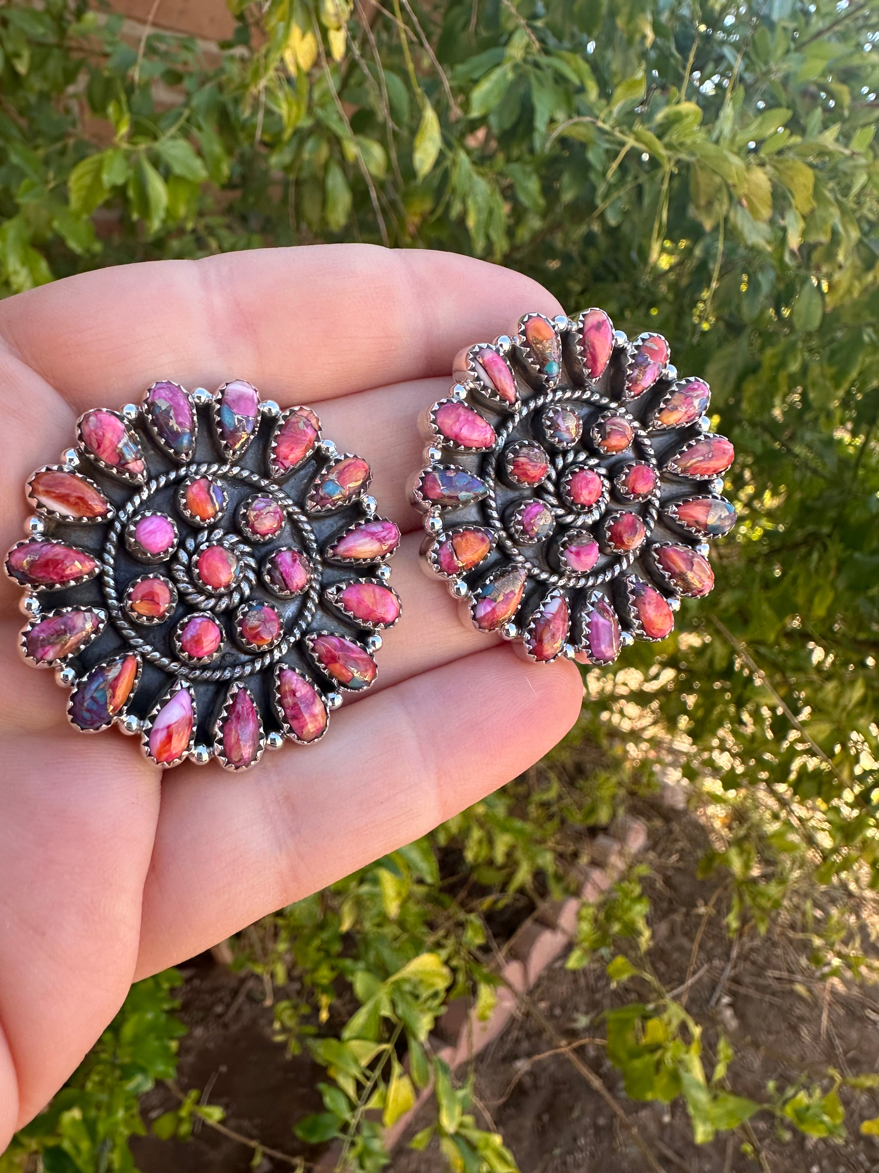 Handmade Sterling Silver & Pink Dream Mojave Post Cluster Earrings Signed Nizhoni