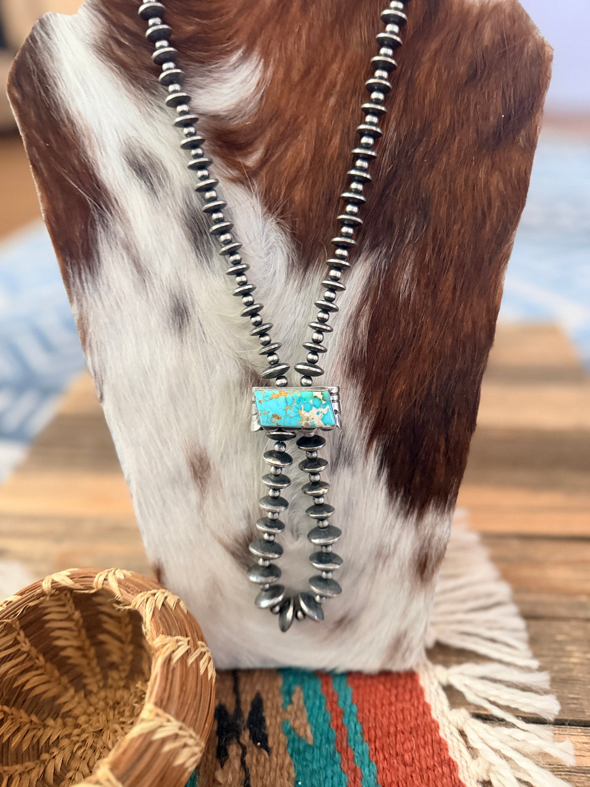 Handcrafted Turquoise & Sterling Silver Beaded Double Sided Jacla Necklace