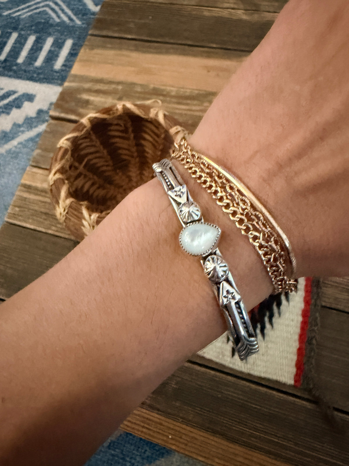 Handcrafted Sterling Silver and Mother of Pearl Cuff Bracelet