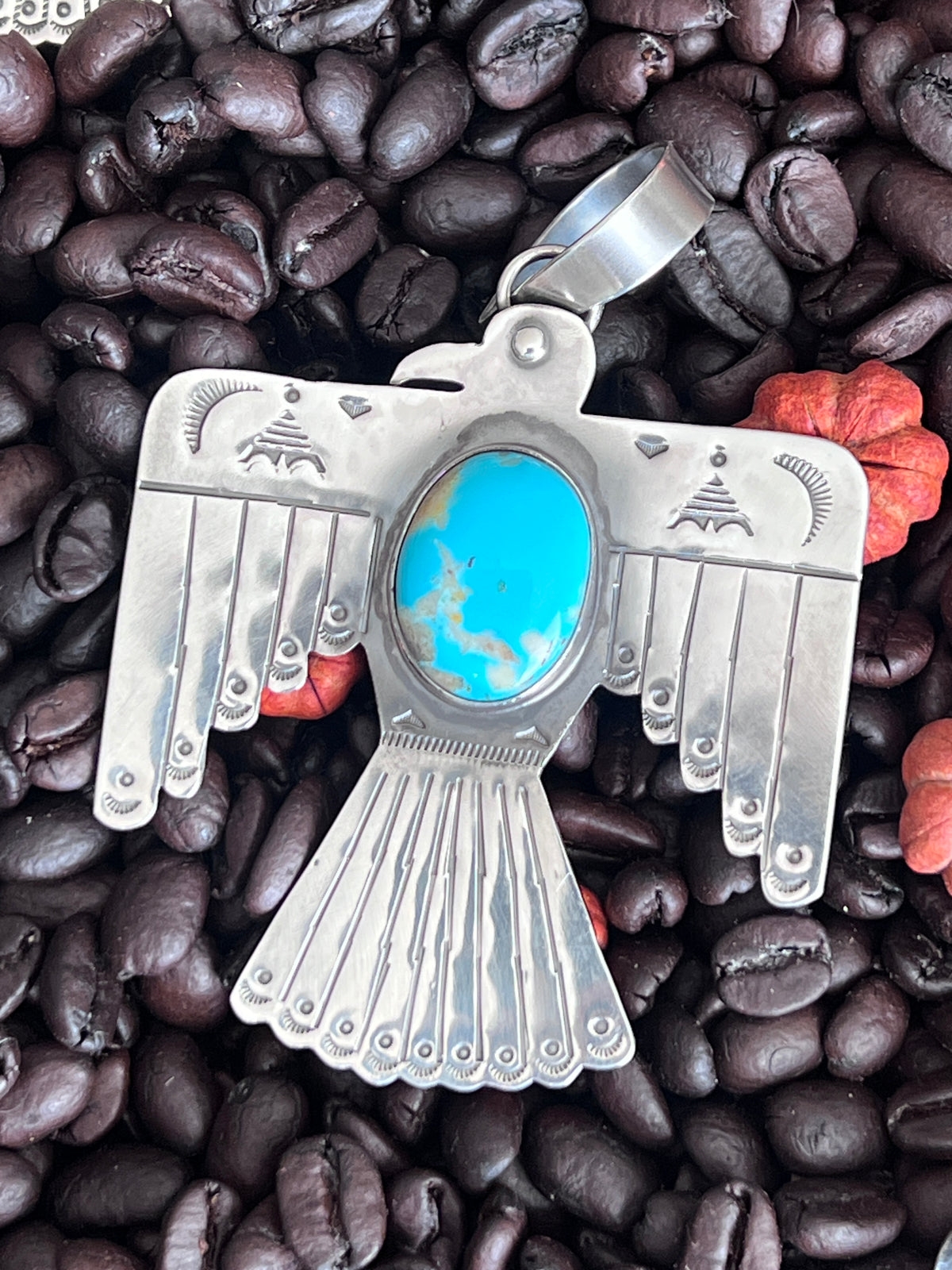Kimari Somers Hand Stamped Sterling Silver & Kingman Turquoise Thunderbird Pendant 4