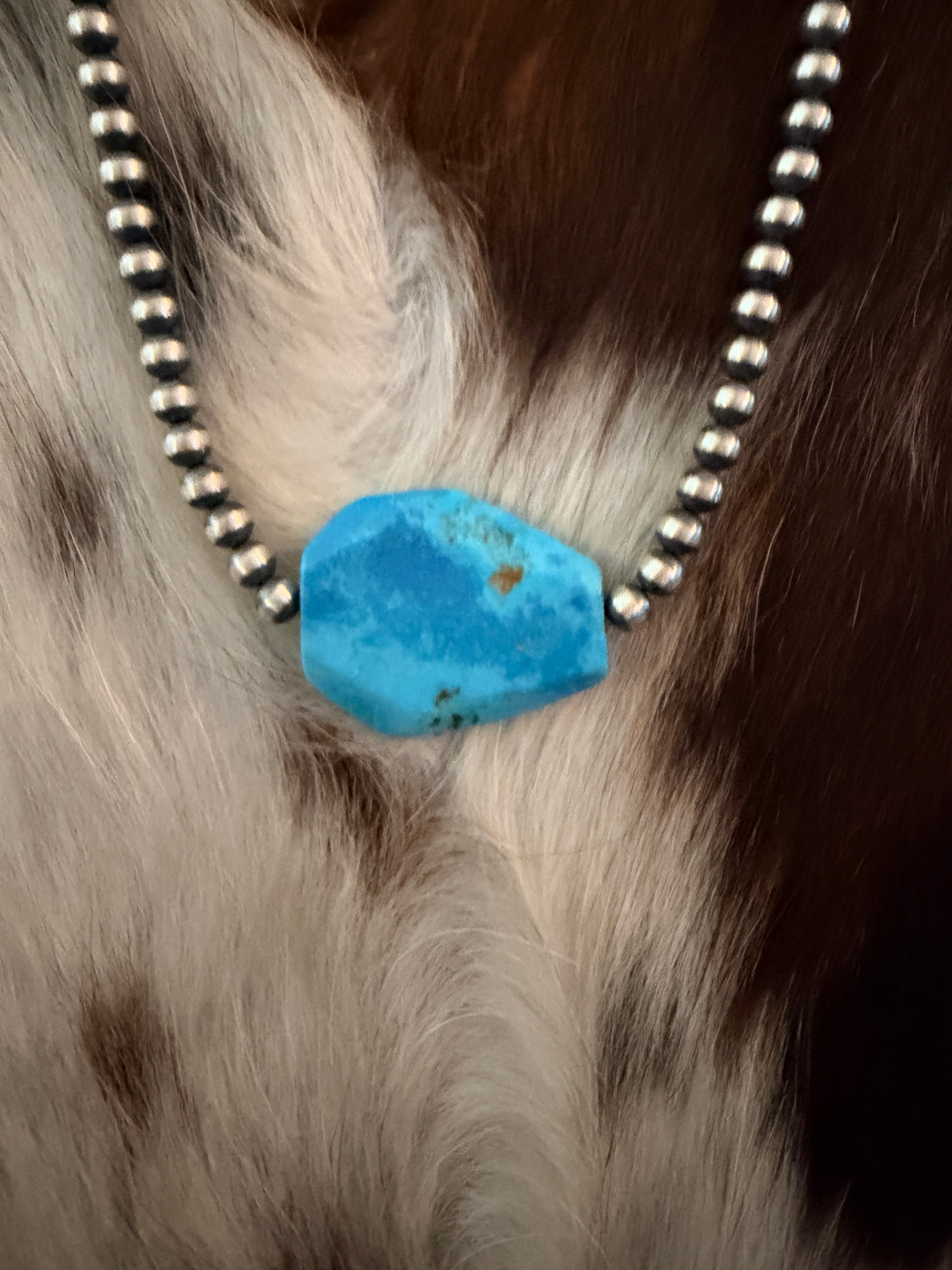 Handcrafted Kingman Turquoise & Sterling Silver Pearl 18” Beaded Necklace