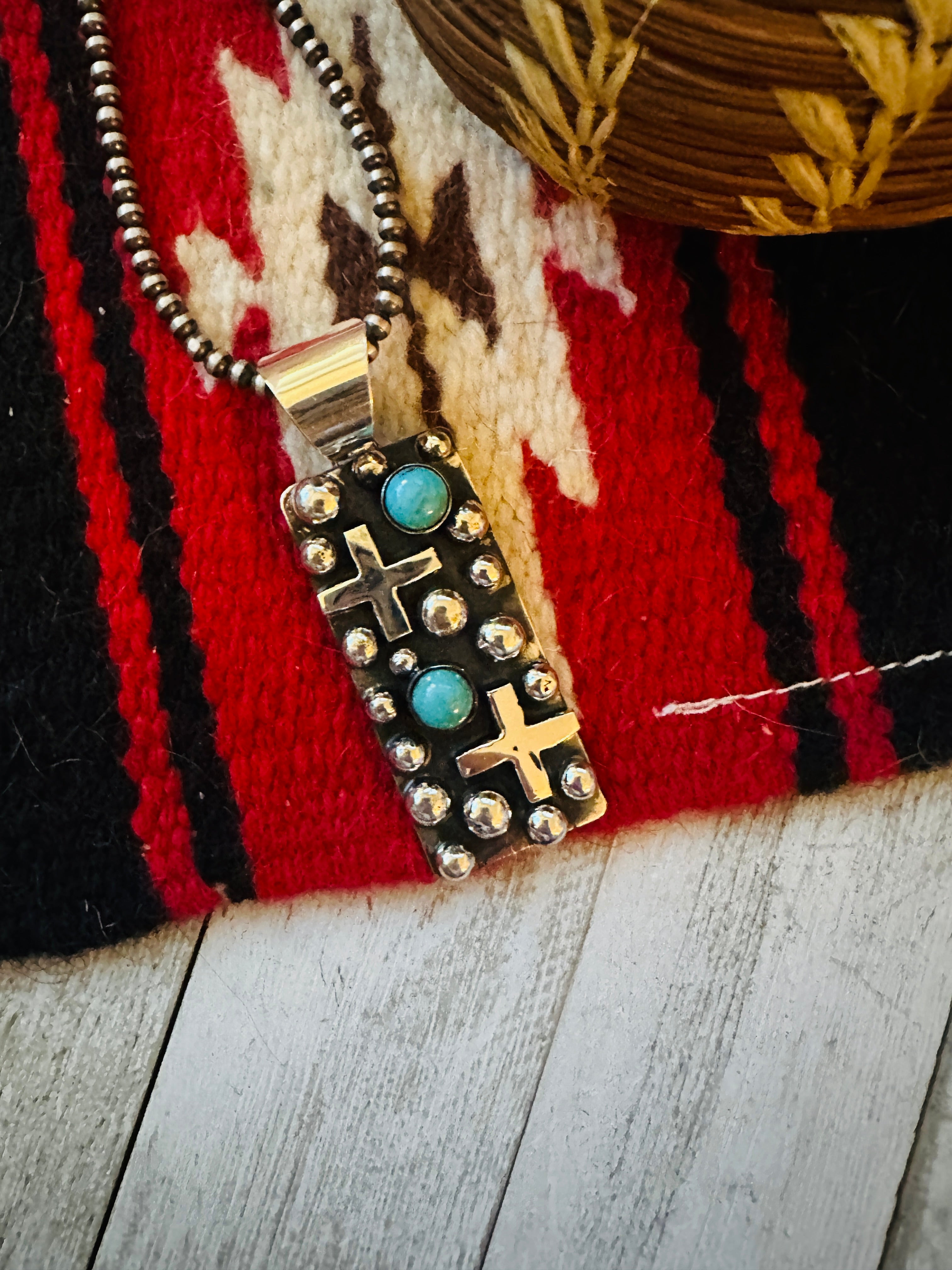 Navajo Sterling Silver & Turquoise Cross Pendant by Chimney Butte