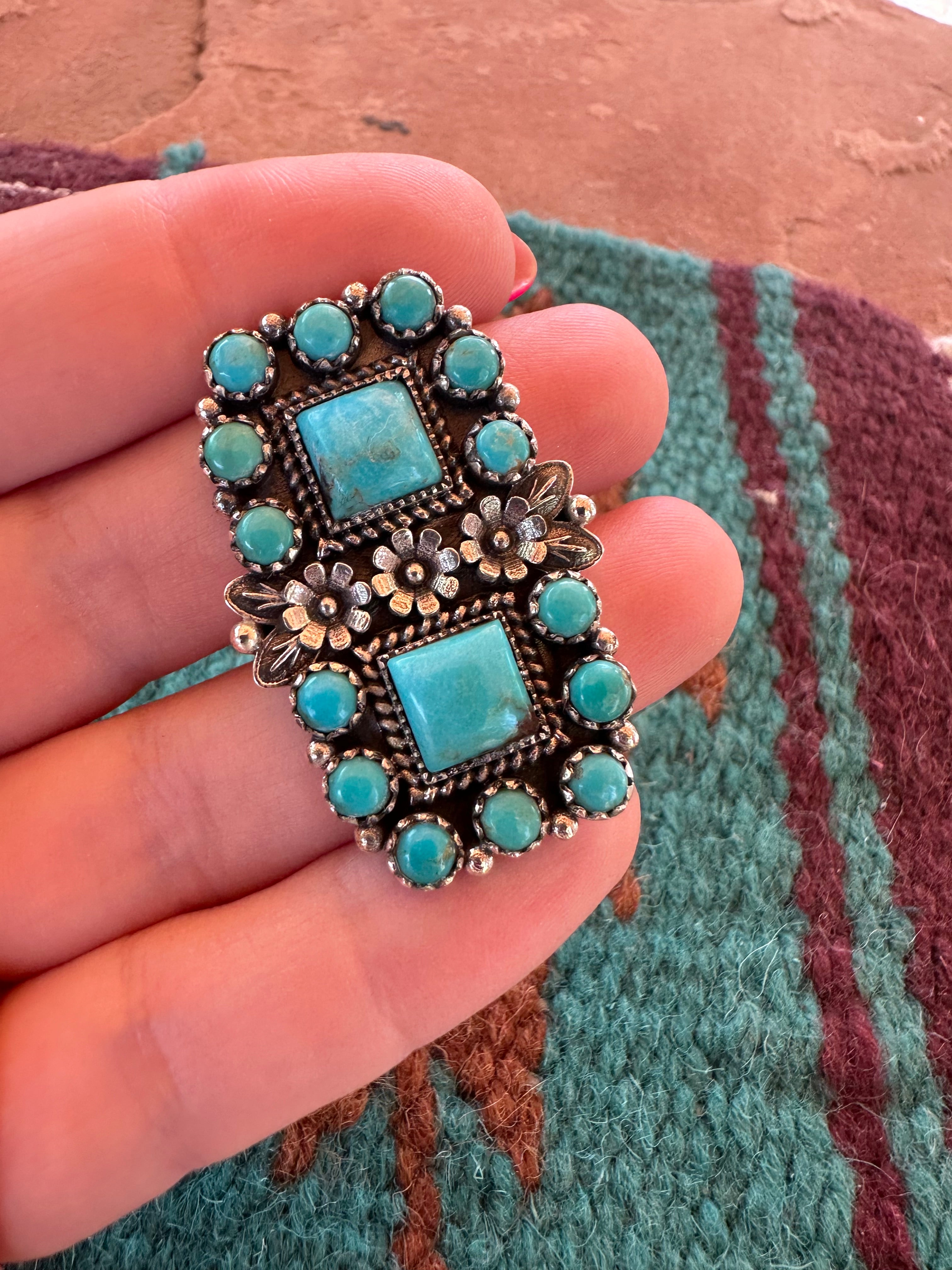 Handmade Sterling Silver & Turquoise Cluster Adjustable Floral Ring by Nizhoni