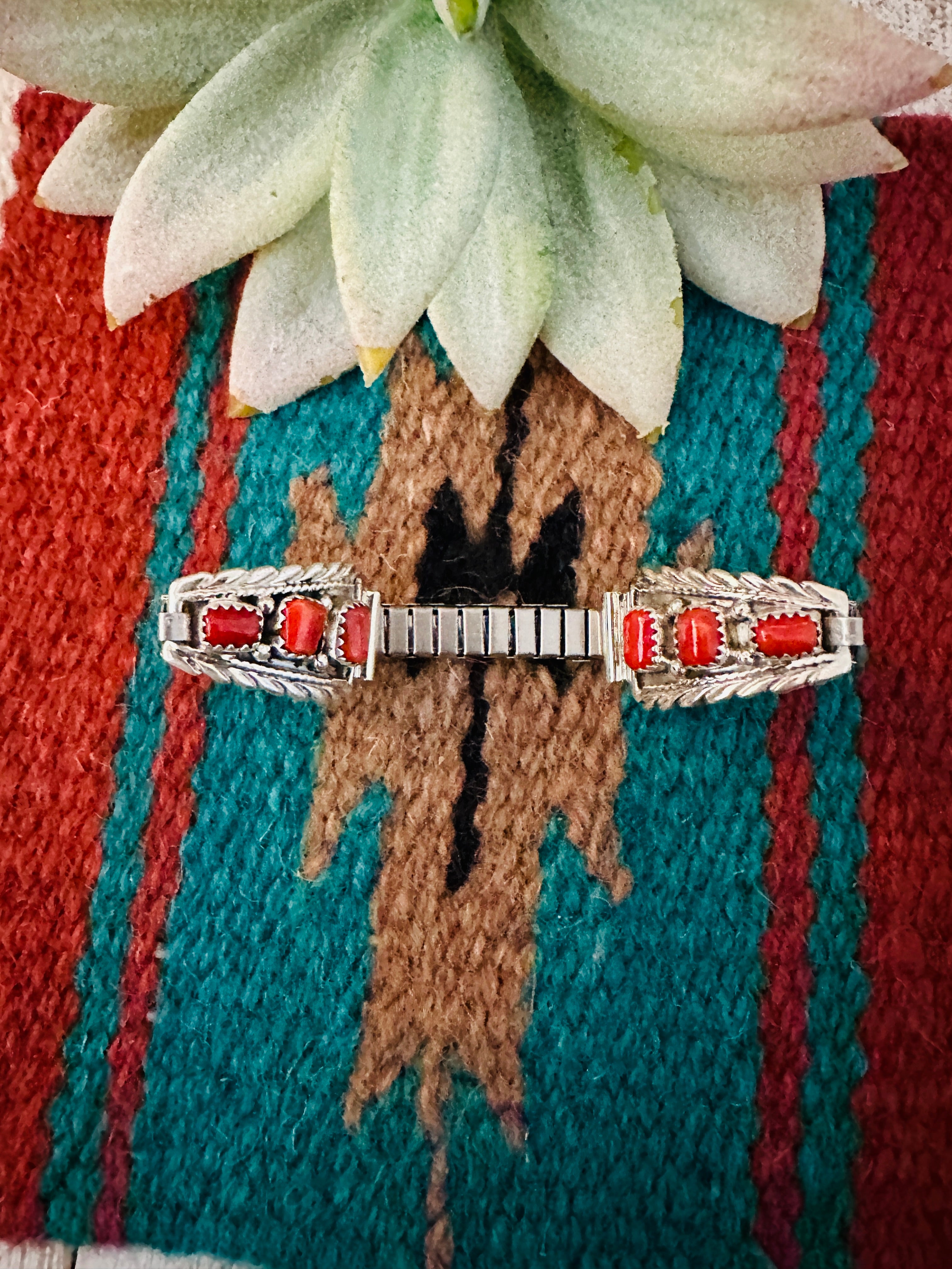 Navajo Sterling Silver & Coral Watch Band Signed