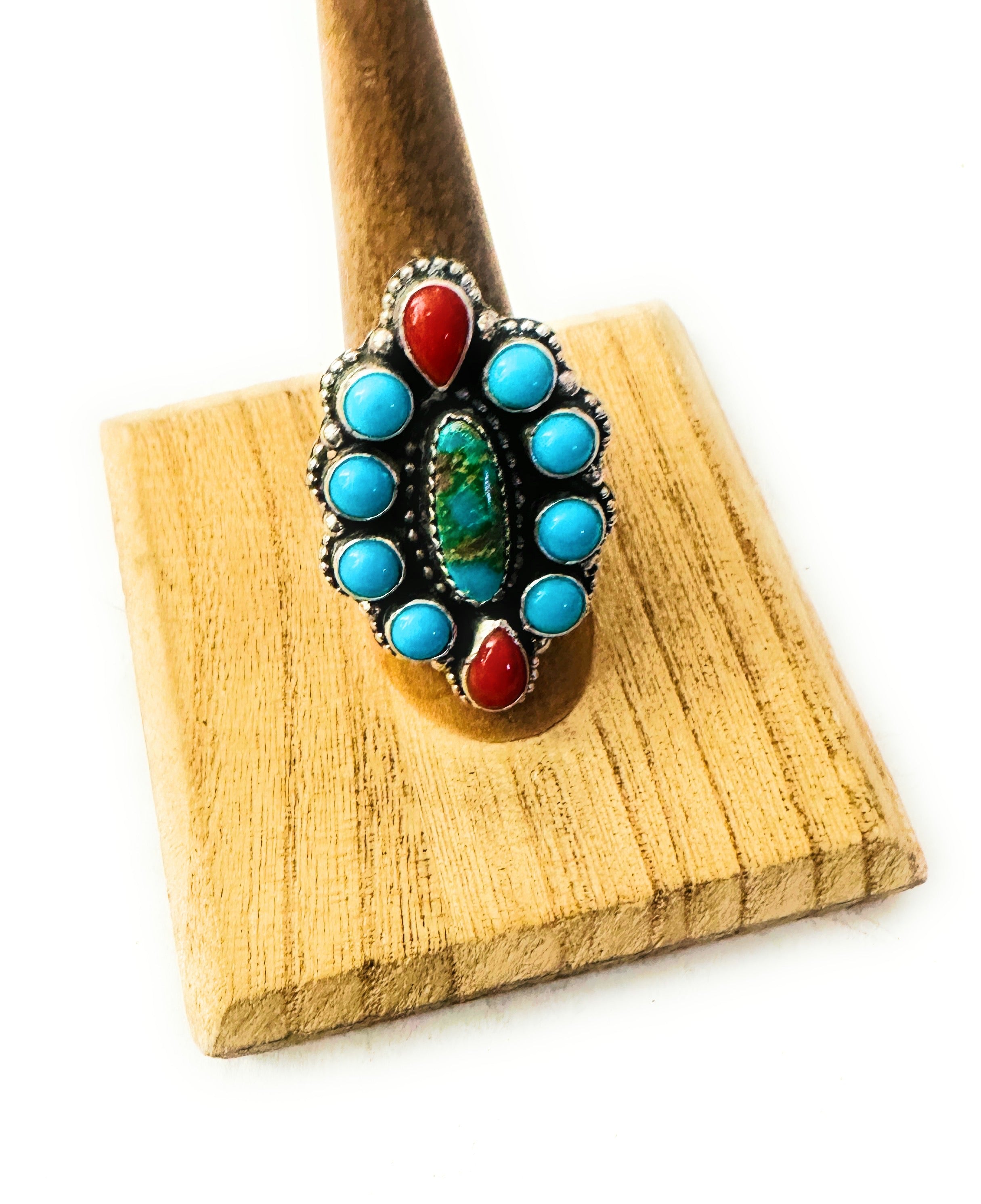 Navajo Turquoise, Coral & Sterling Silver Cluster Ring Size 7.25