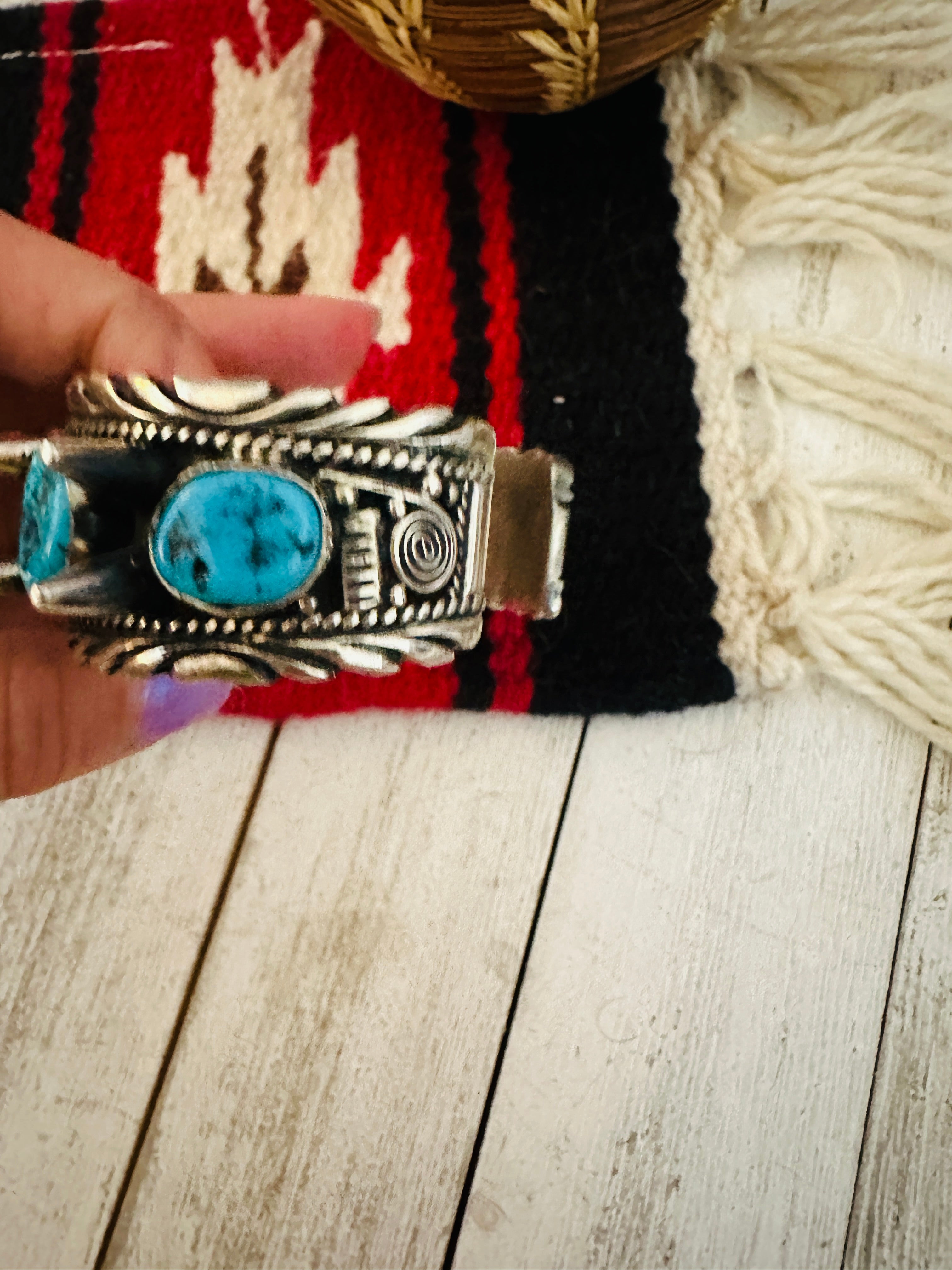 Navajo Kingman Turquoise & Sterling Silver Spiked Cuff Bracelet