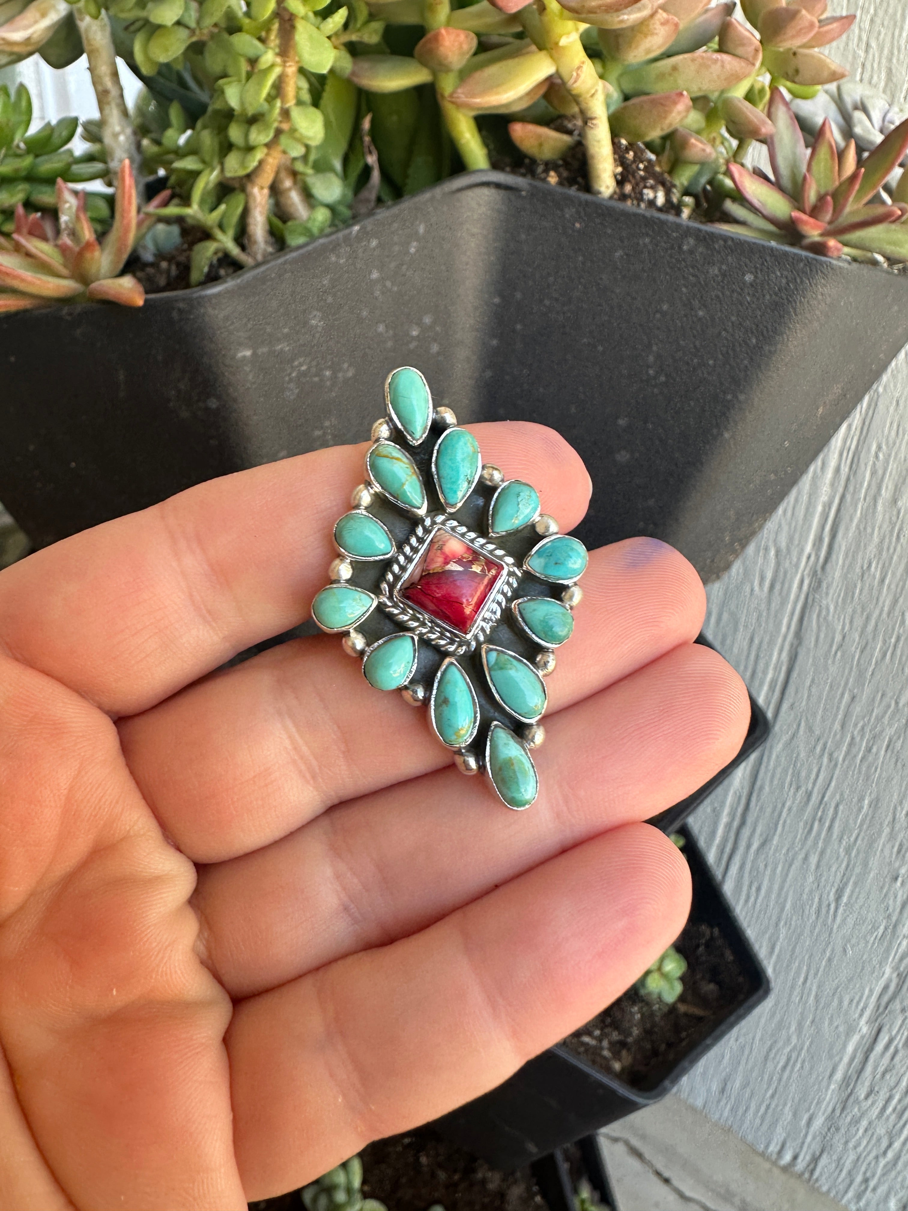 Handmade Dahlia Rose, Turquoise & Sterling Silver Adjustable Cluster Ring