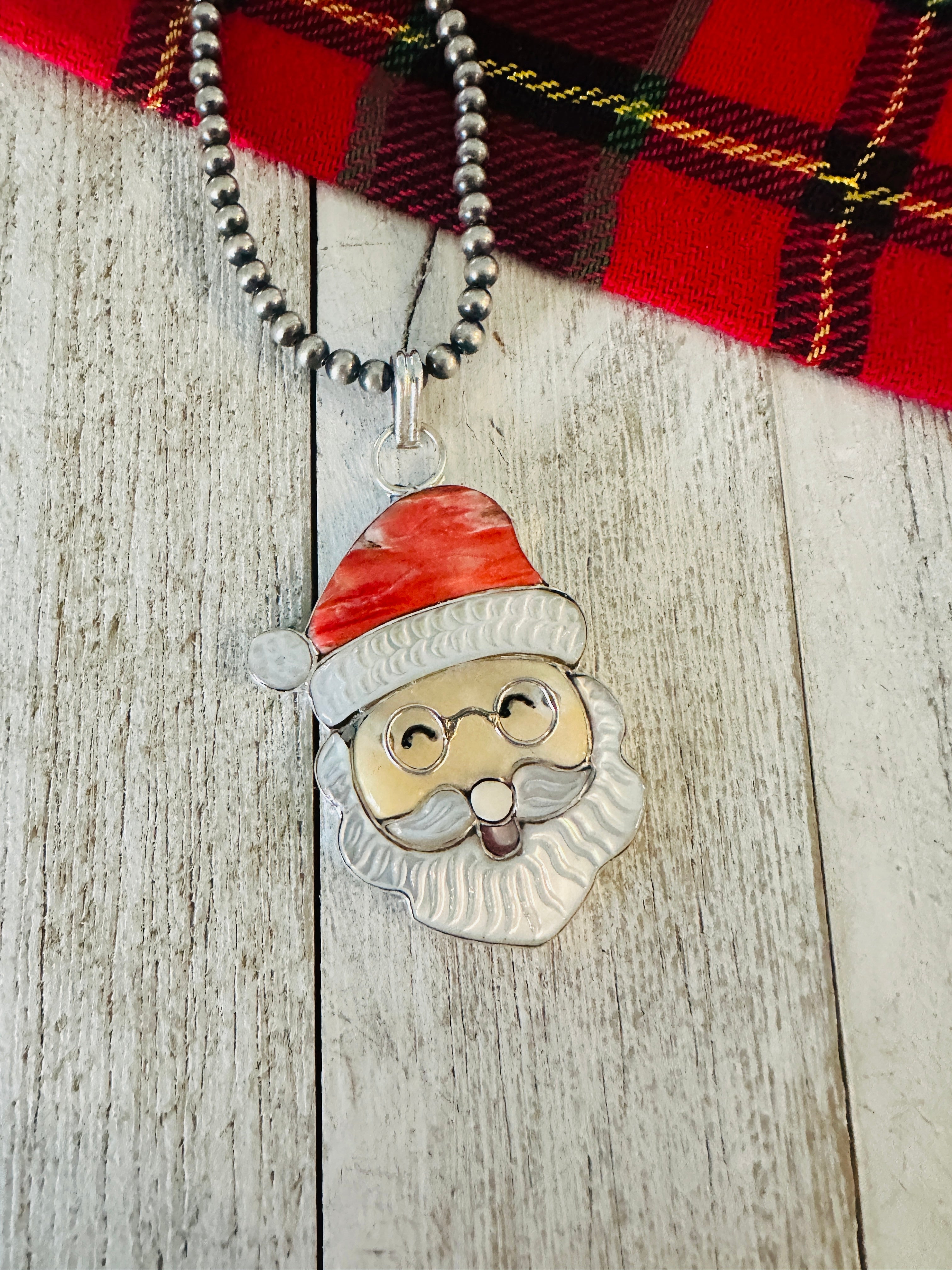 Zuni Multi Stone & Sterling Silver Inlay Santa Claus Pendant