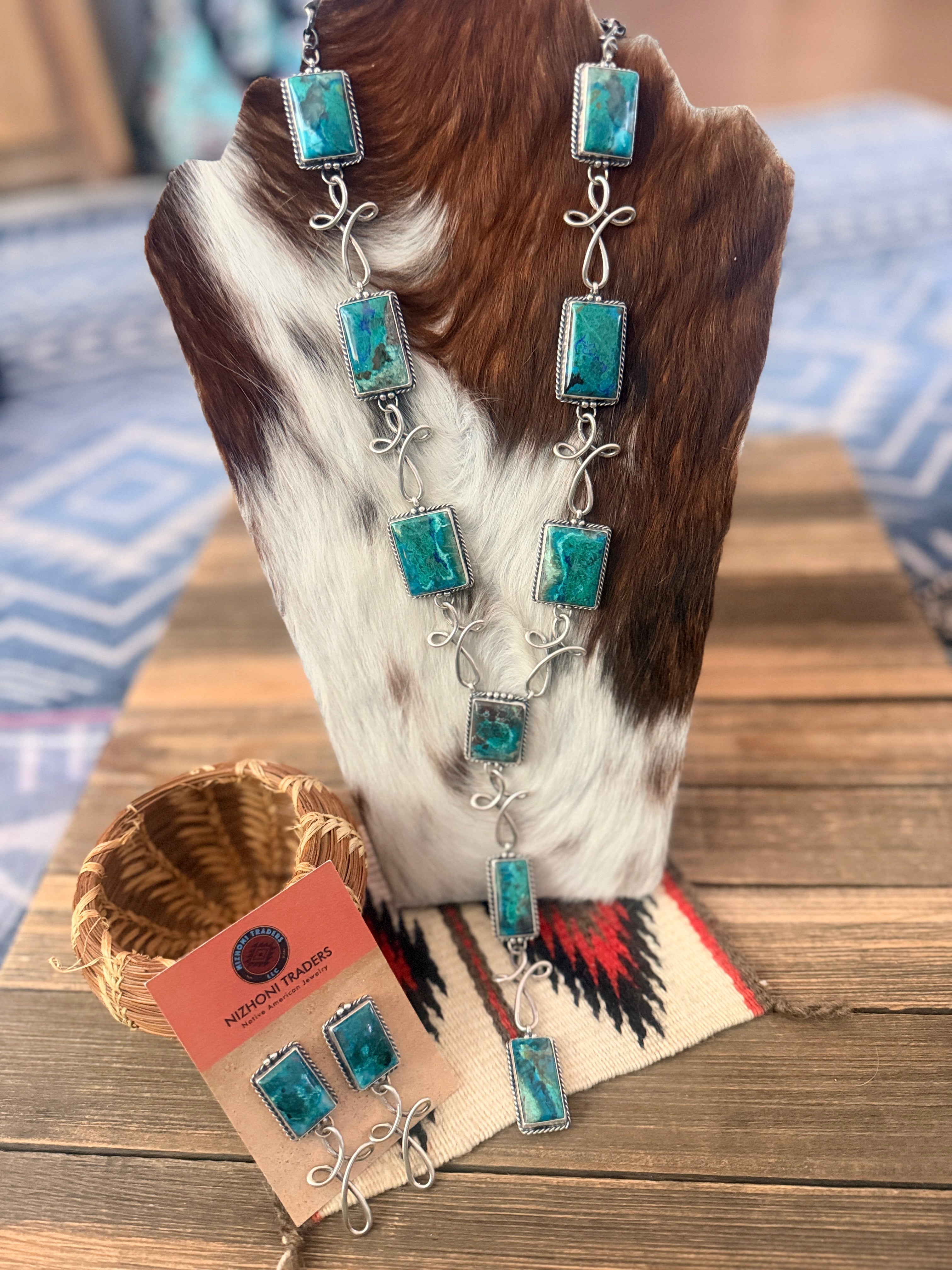 Handcrafted Chrysocolla & Sterling Silver Necklace and Earring Set by Larry Kaye
