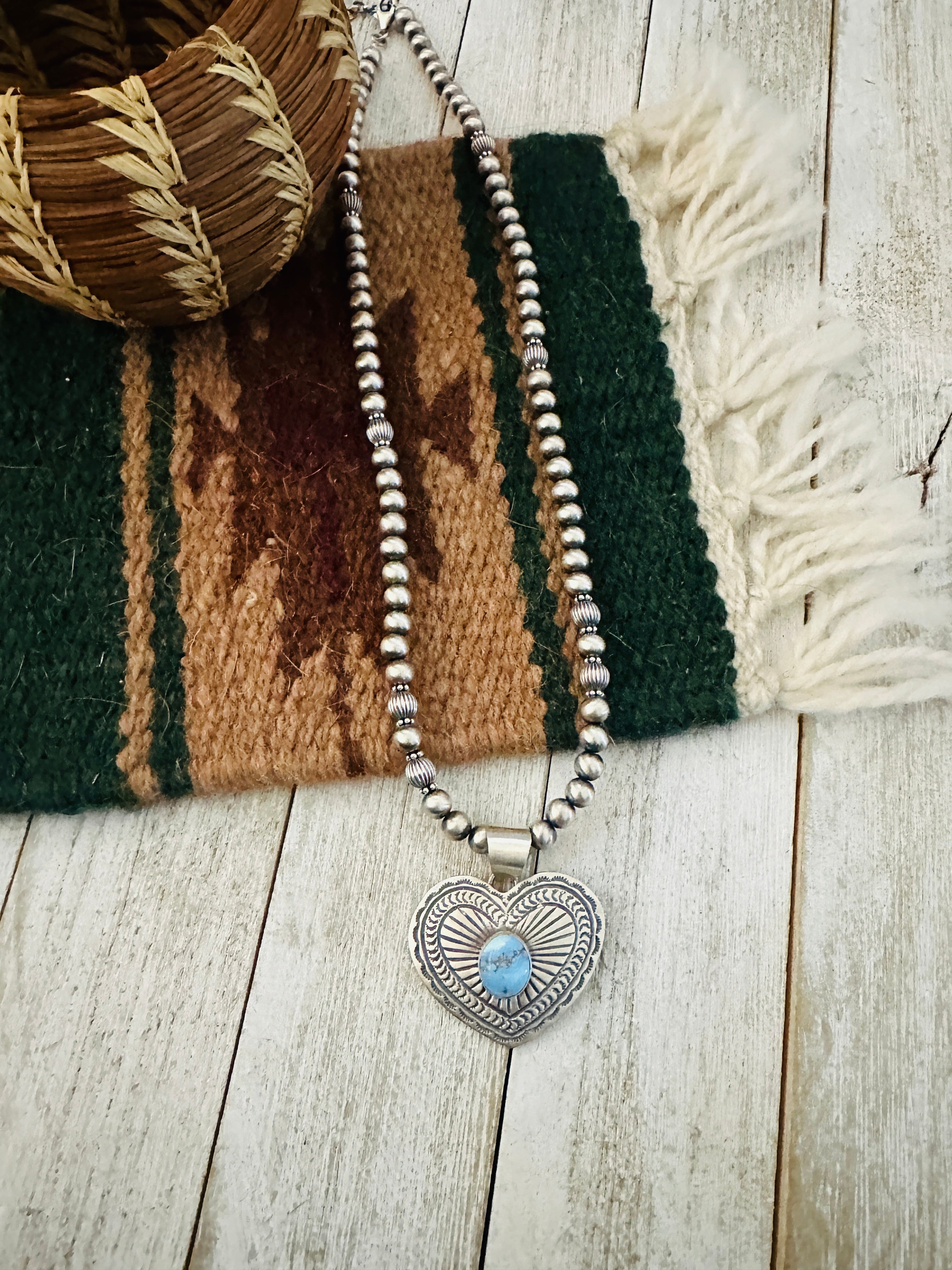 Navajo Golden Hills Turquoise & Sterling Silver Beaded Heart Necklace