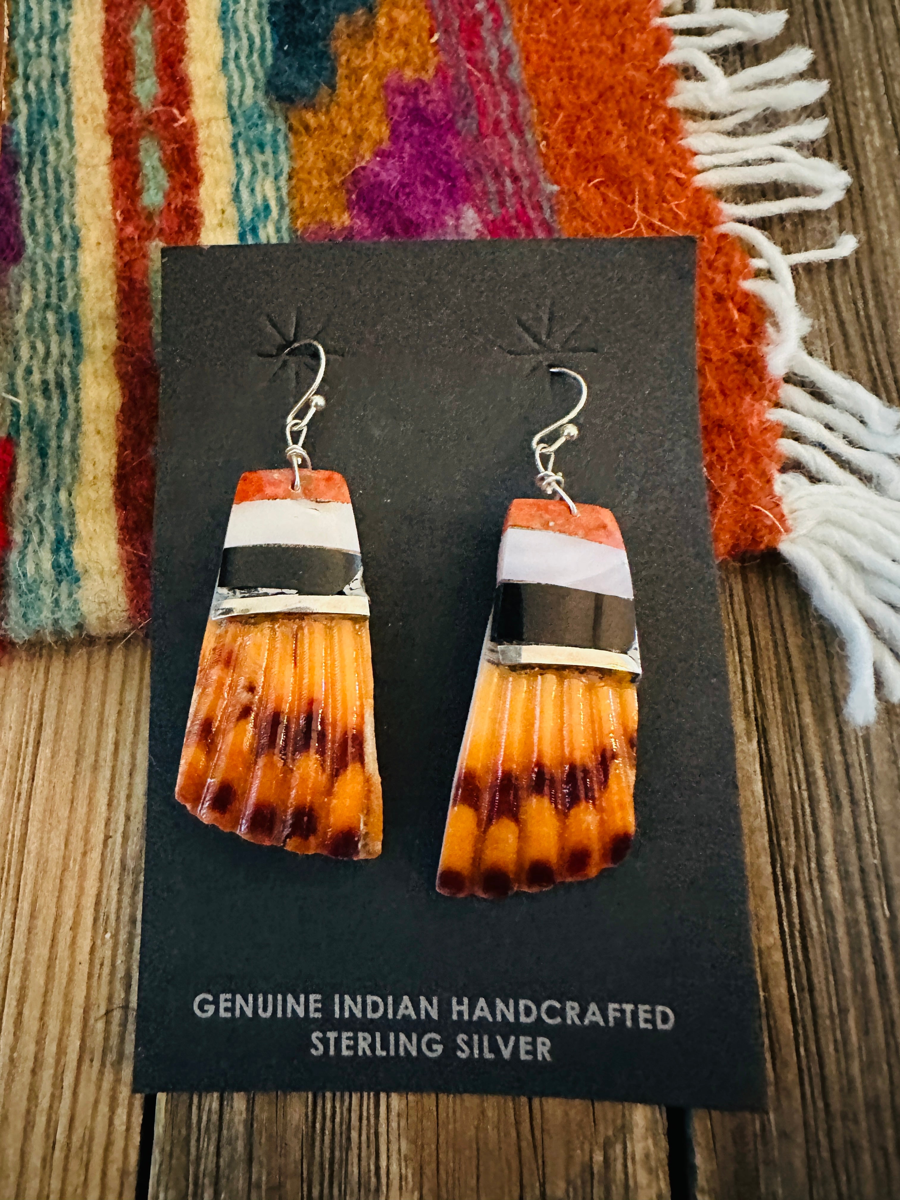 Handcrafted Multi Stone Inlay & Shell Dangle Earrings