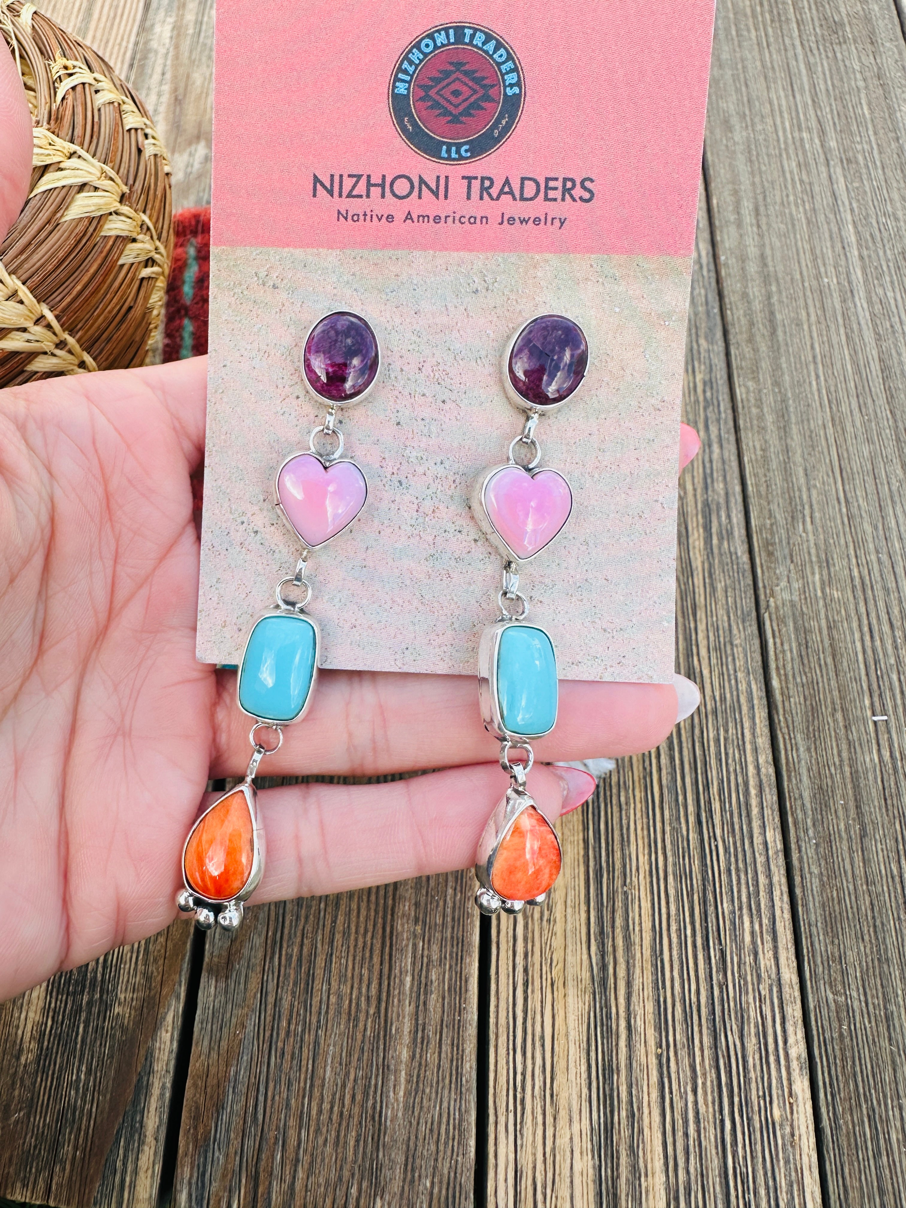 Handcrafted Multi Stone And Sterling Silver Heart Dangle Earrings by Juanita McDonald