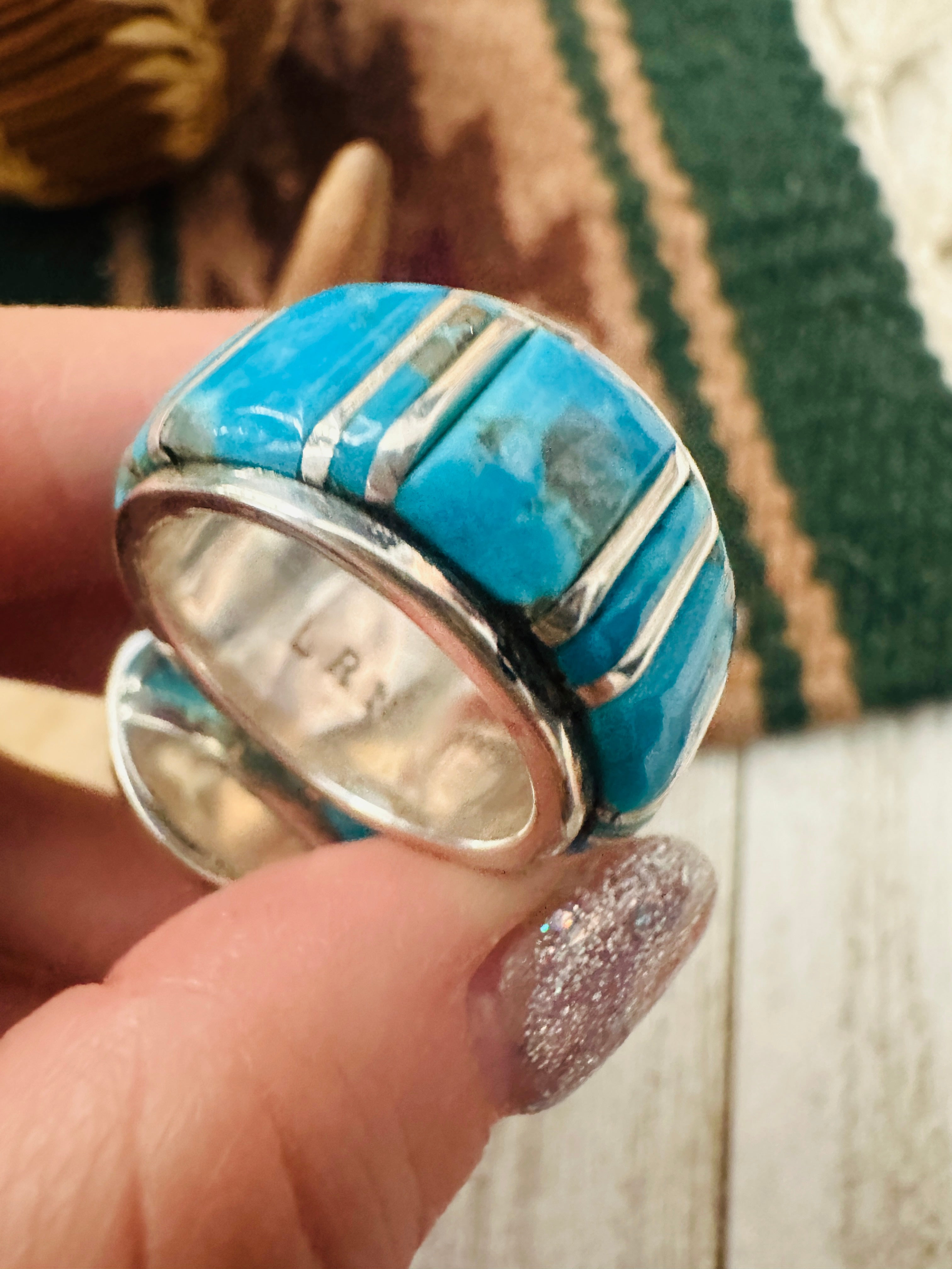 Navajo Sterling Silver, Turquoise & Opal Inlay Band Ring Size 7.5