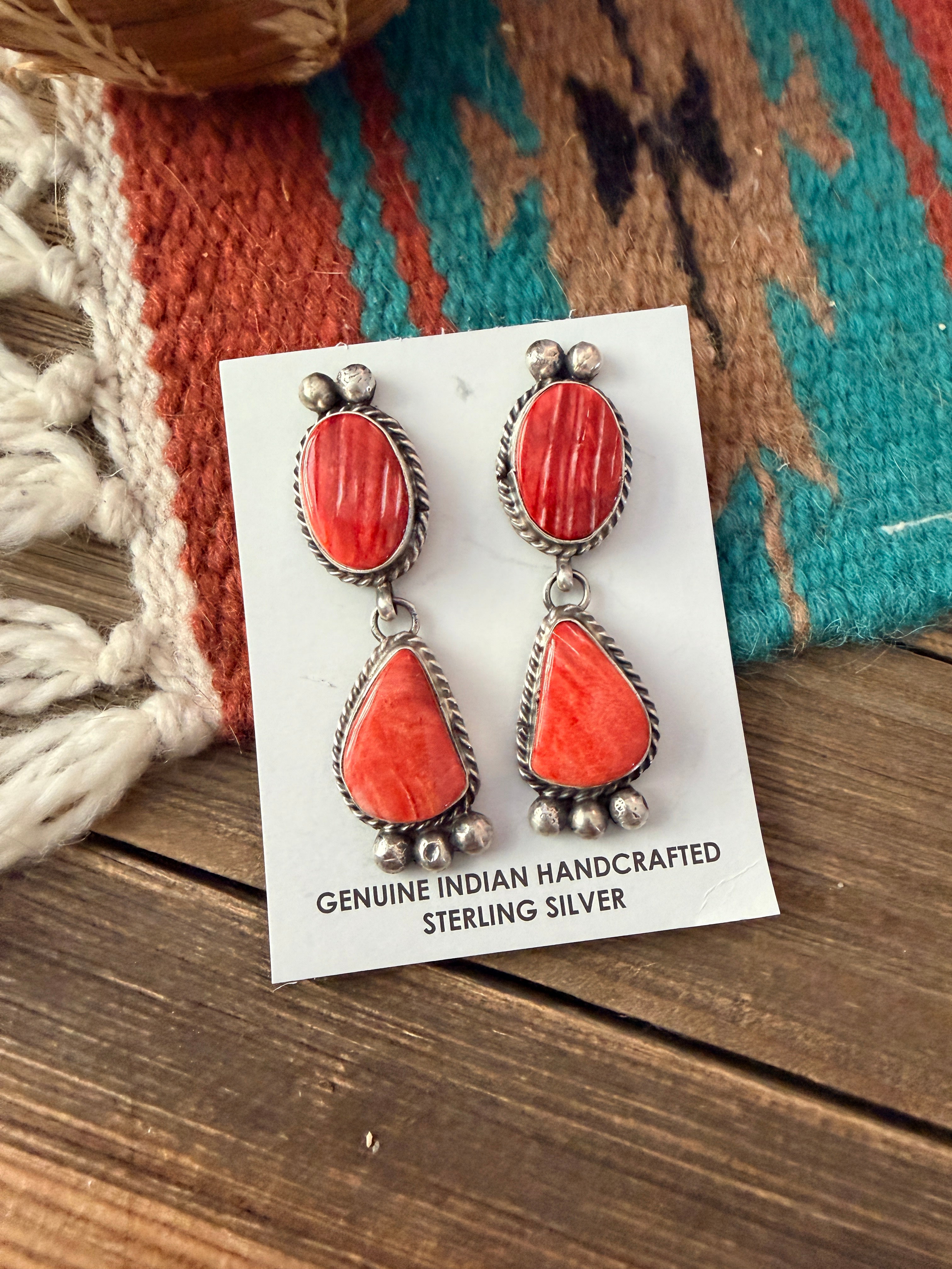 Handcrafted Red Spiny and Sterling Silver Dangle Earrings by Vicky Hicks
