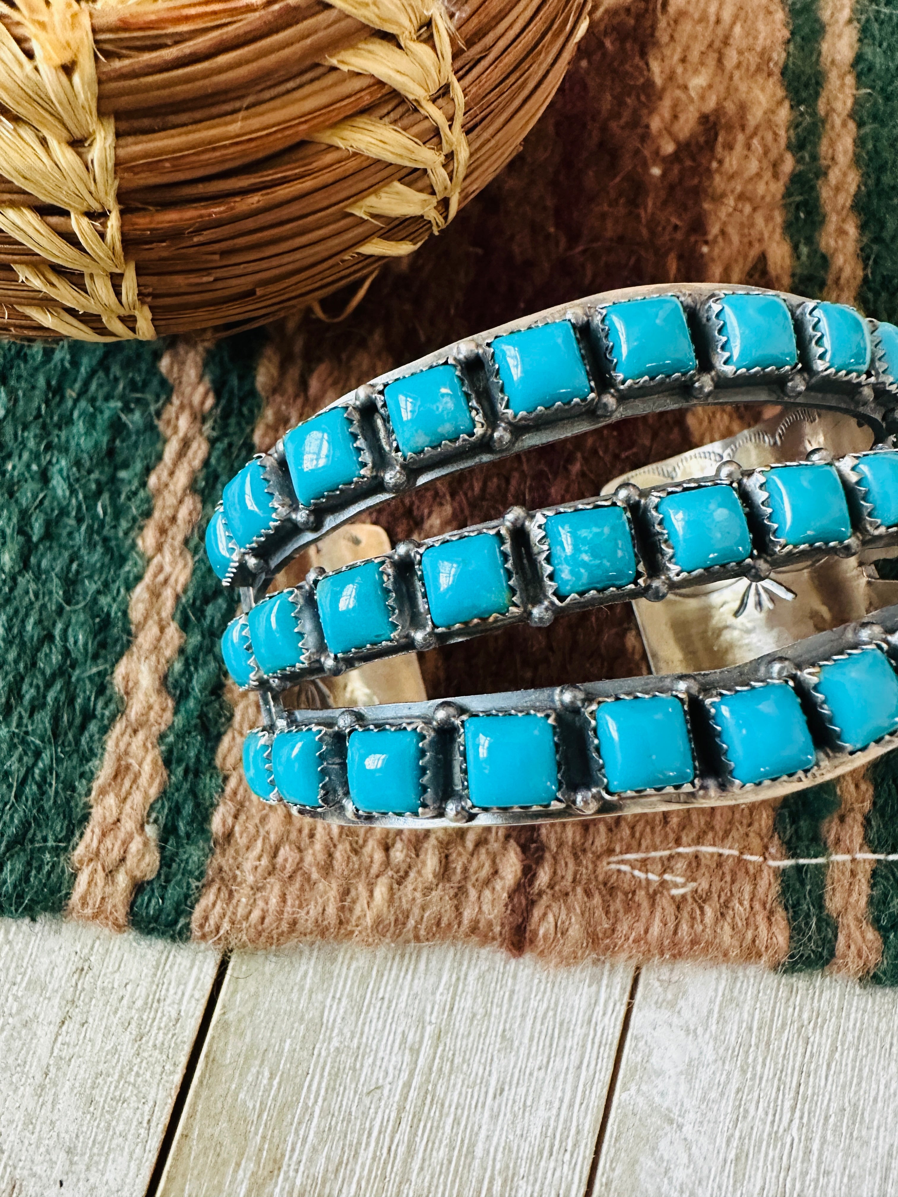 Handcrafted Sterling Silver & Turquoise Triple Row Cuff Bracelet /