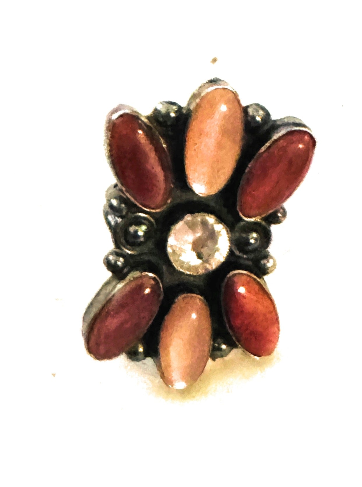 Navajo Sterling Silver, Mother of Pearl, Spiny & CZ Cluster Ring Size 7.25