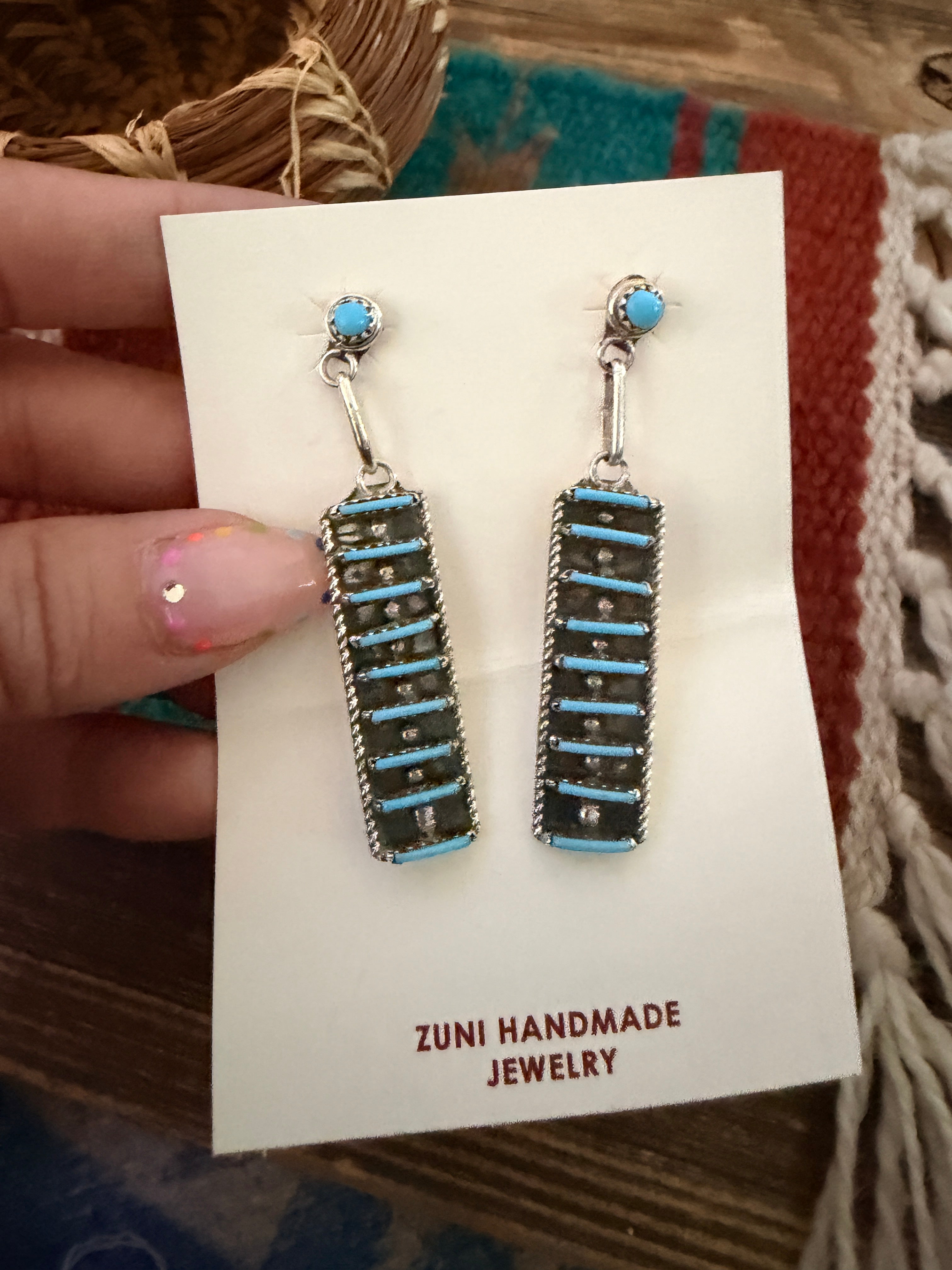 Handcrafted Turquoise & Sterling Silver Needlepoint Dangle Earrings